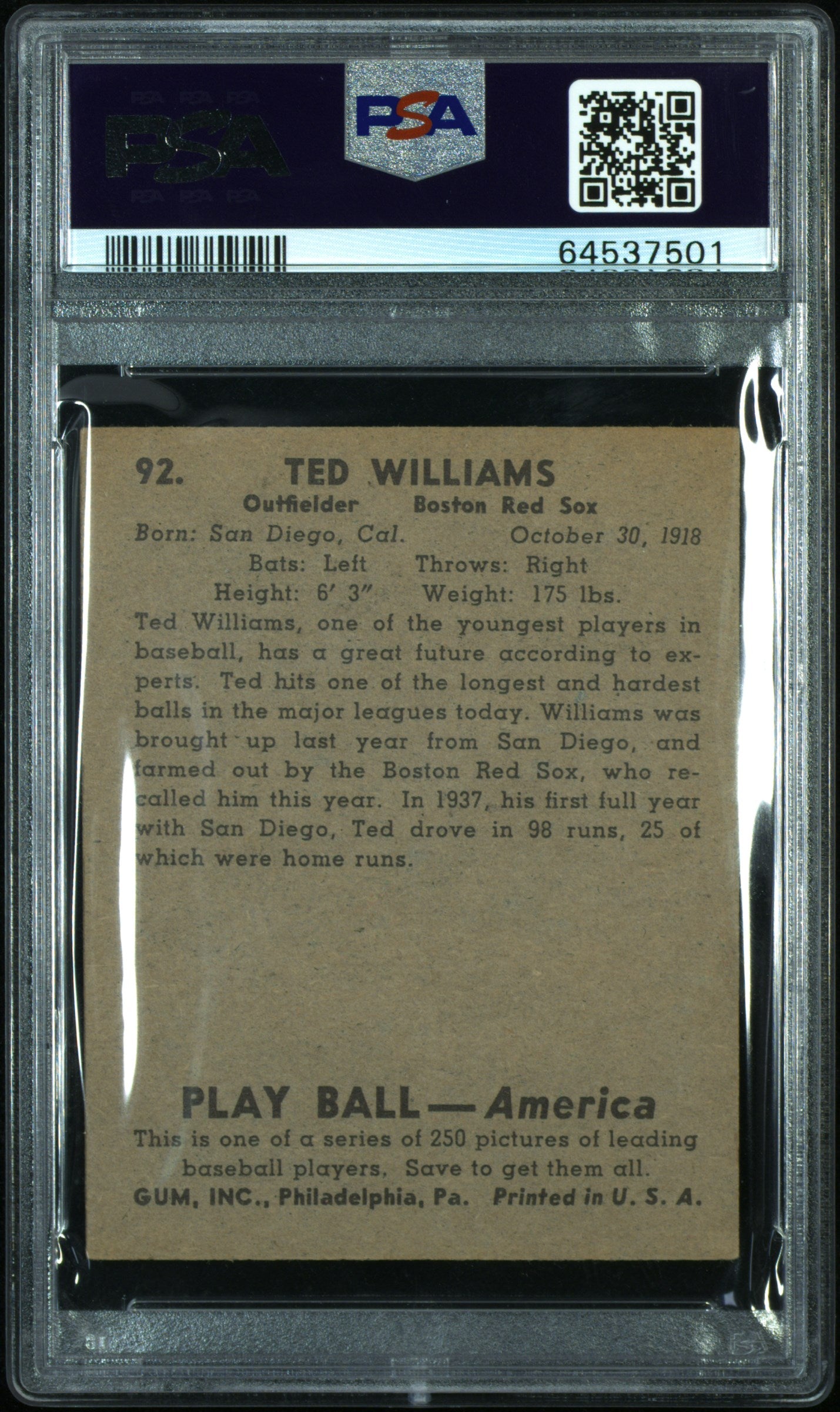 1939 Play Ball Ted Williams #92 PSA 4