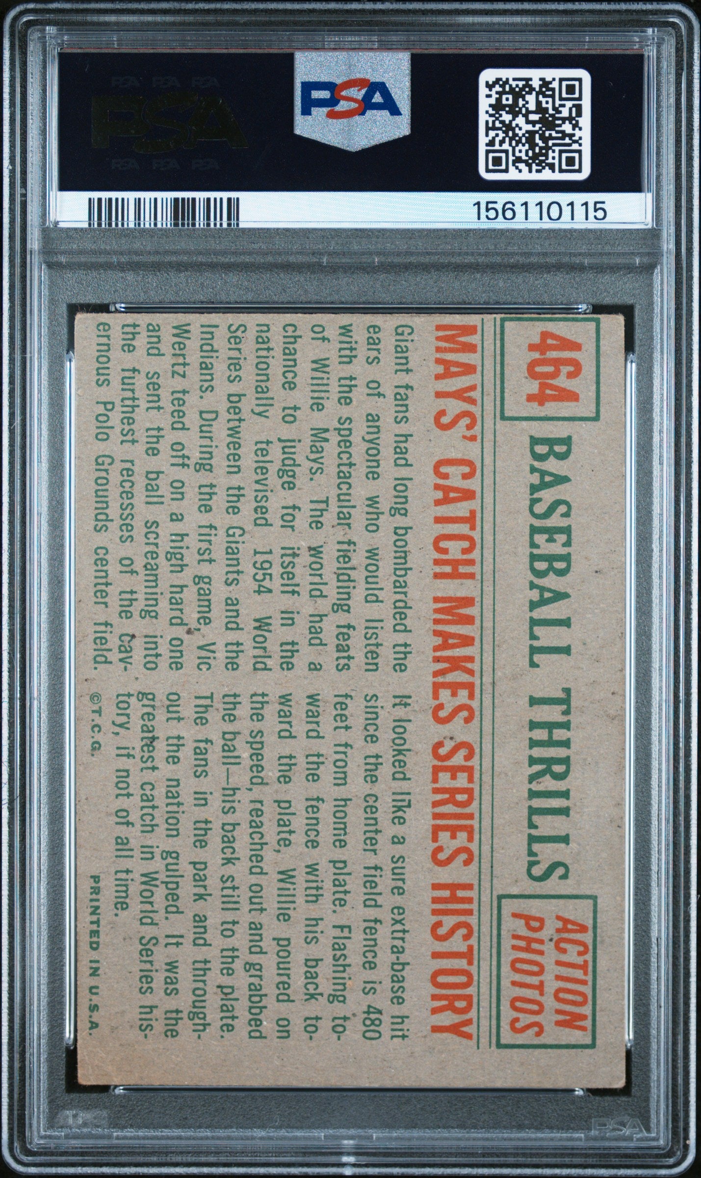 1959 Topps Mays' Catch Makes #464 Series History PSA 3