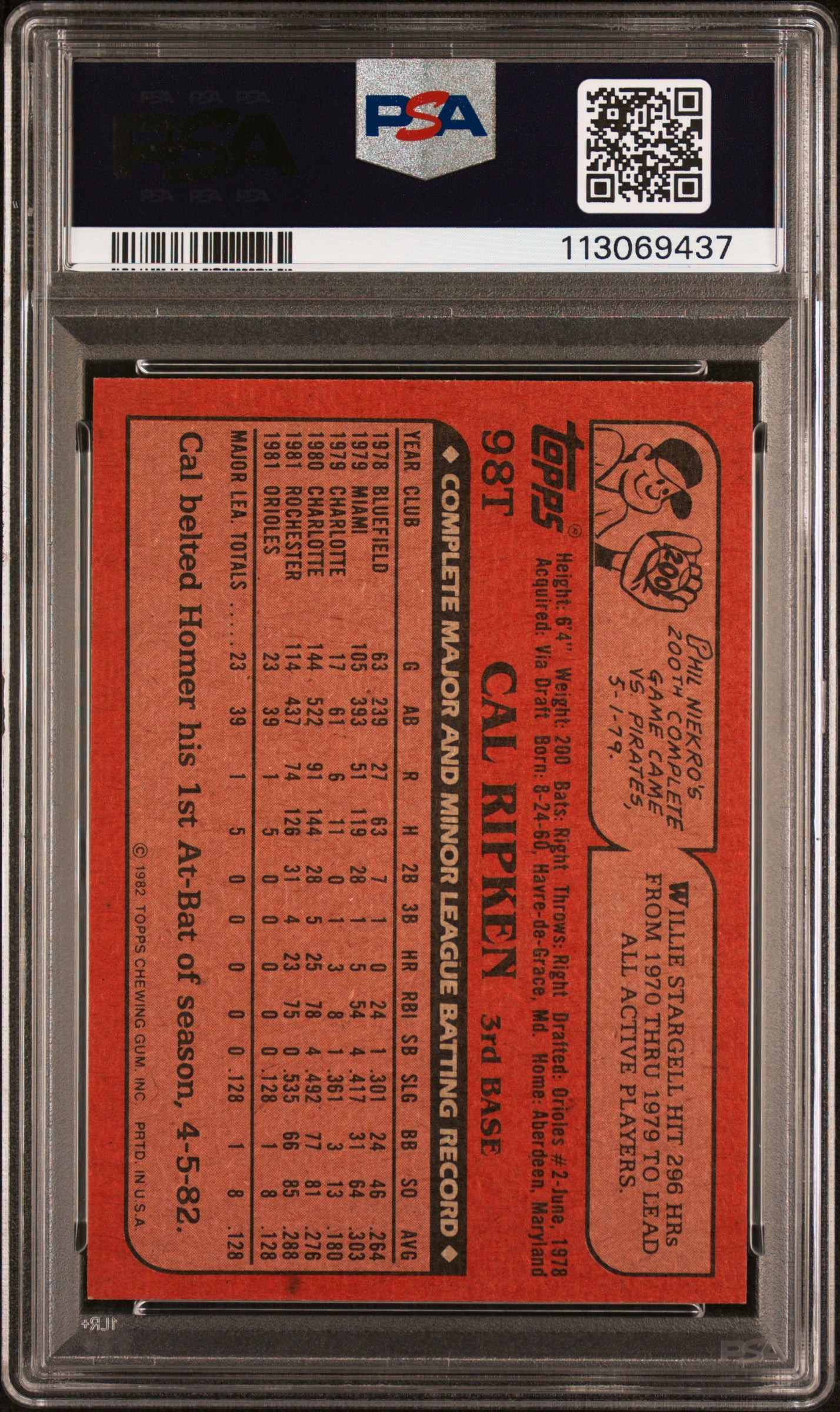 1982 Topps Traded Cal Ripken JR. #98T PSA 9 Auto 10