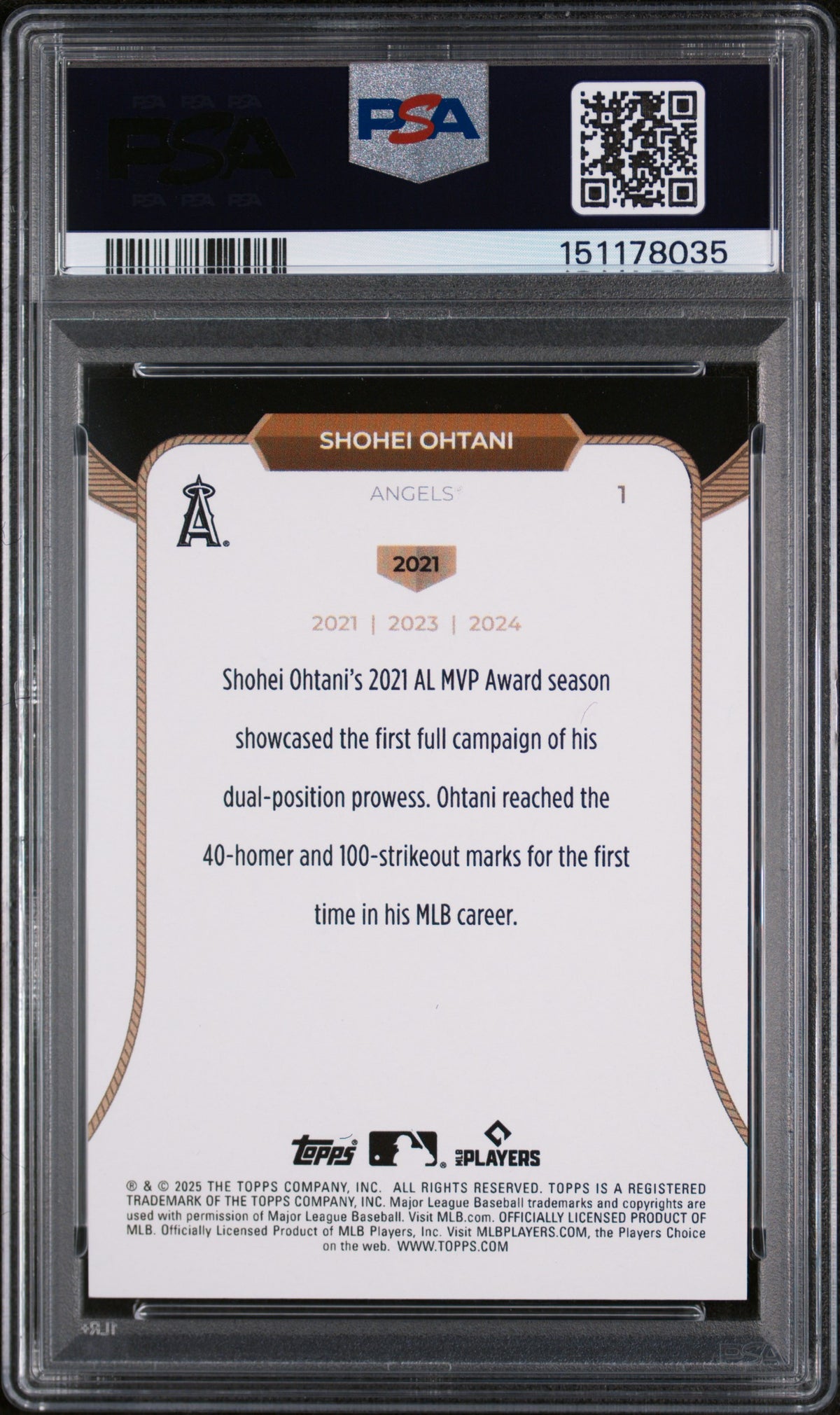 2025 Topps Welcome To The Club 3 Times MVP Shohei Ohtani #1 Black Foil PSA 9 /10