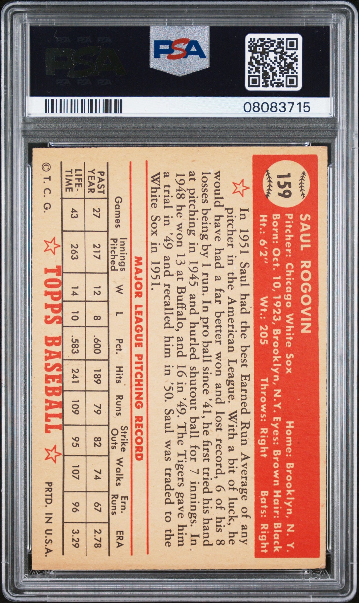1952 Topps Saul Rogovin #159 PSA 7