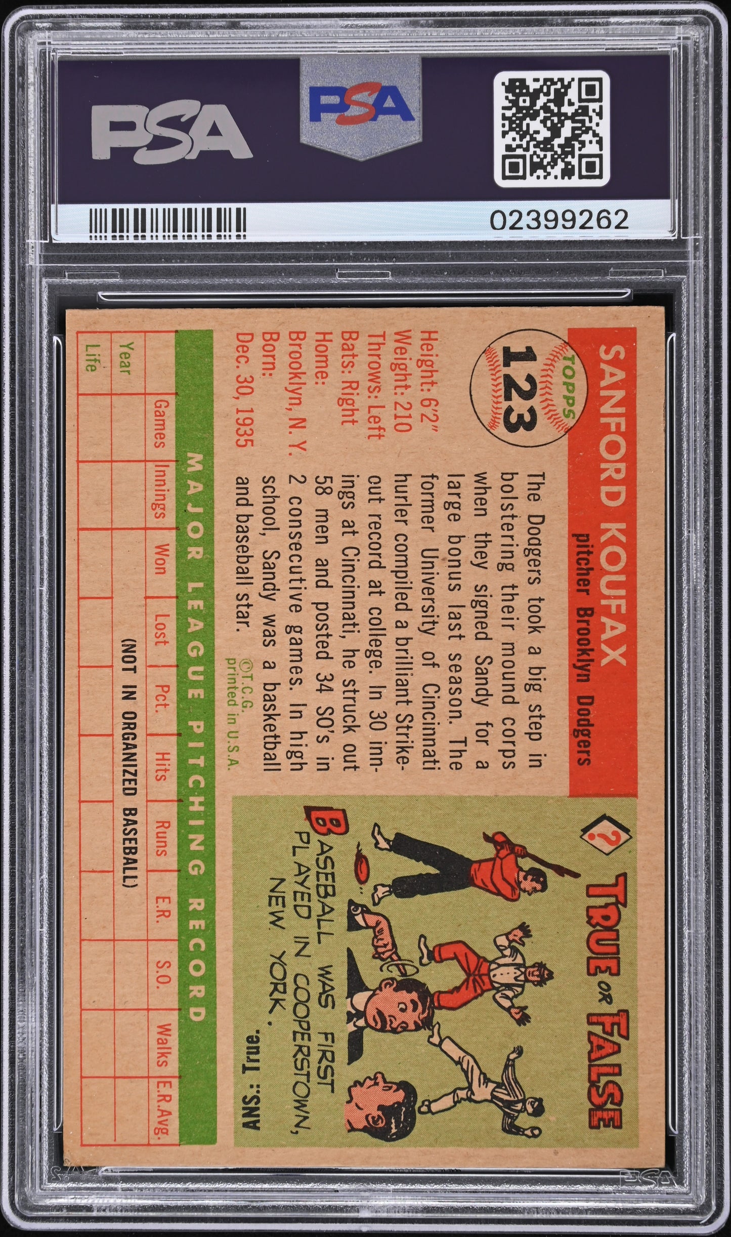 1955 Topps Sandy Koufax #123 PSA 8