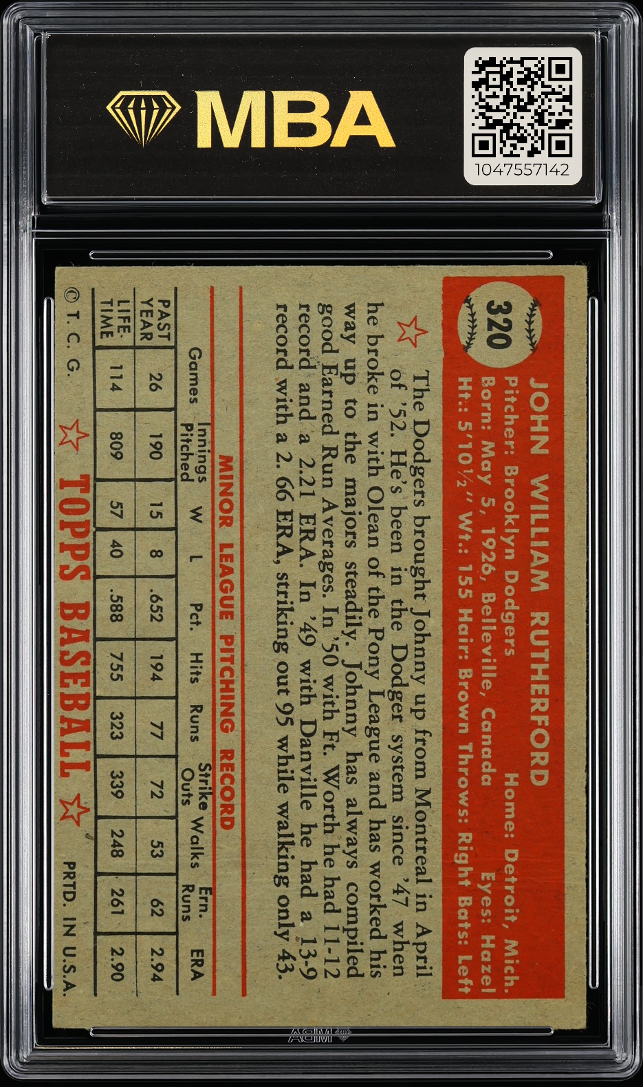 1952 Topps John Rutherford #320 MBA 3