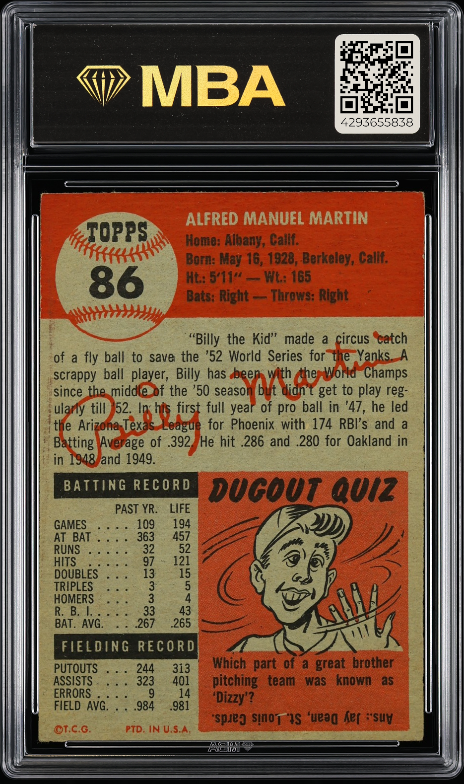 1953 Topps Billy Martin #86 MBA 4