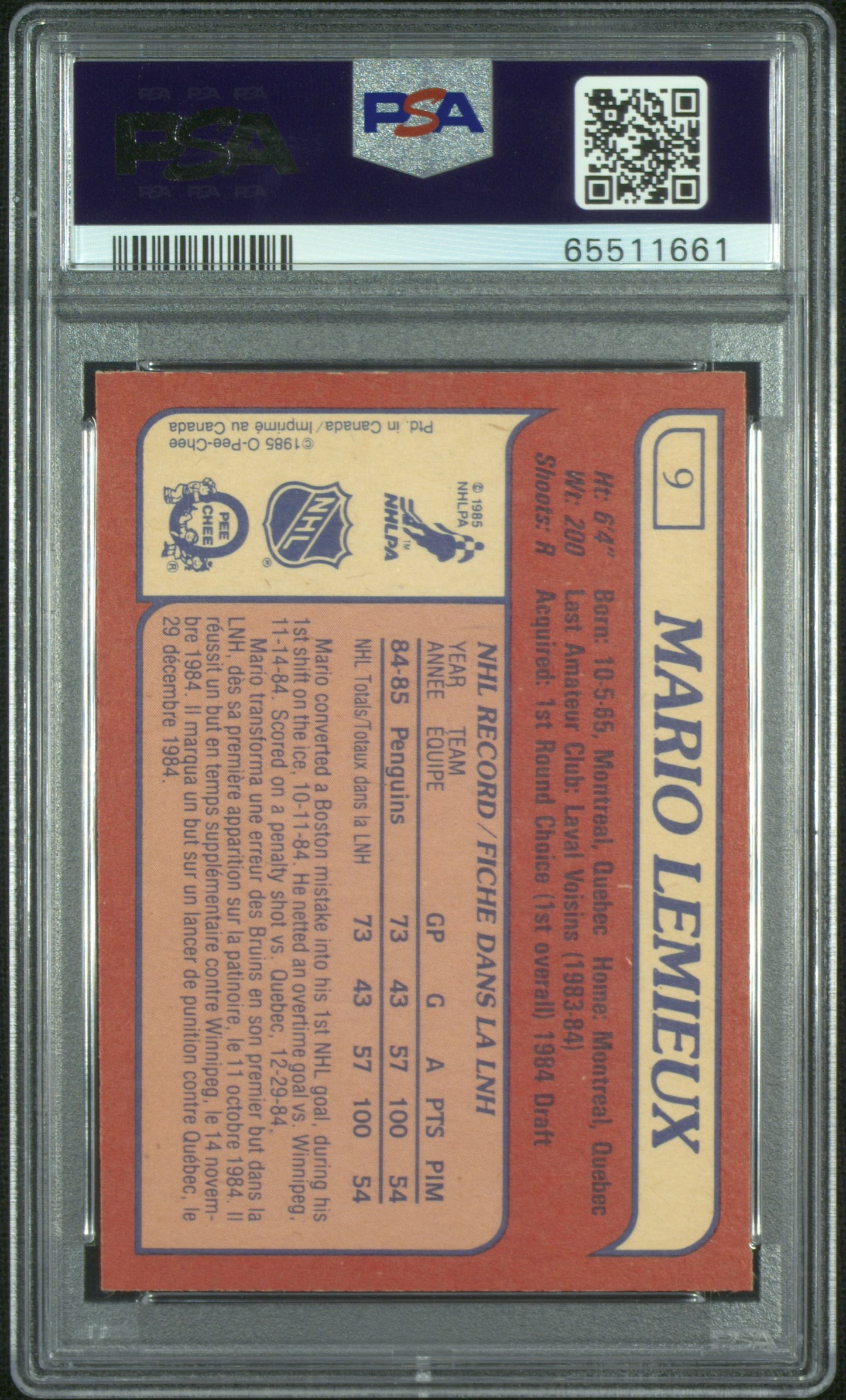 1985 O-Pee-Chee Mario Lemieux #9 PSA 5