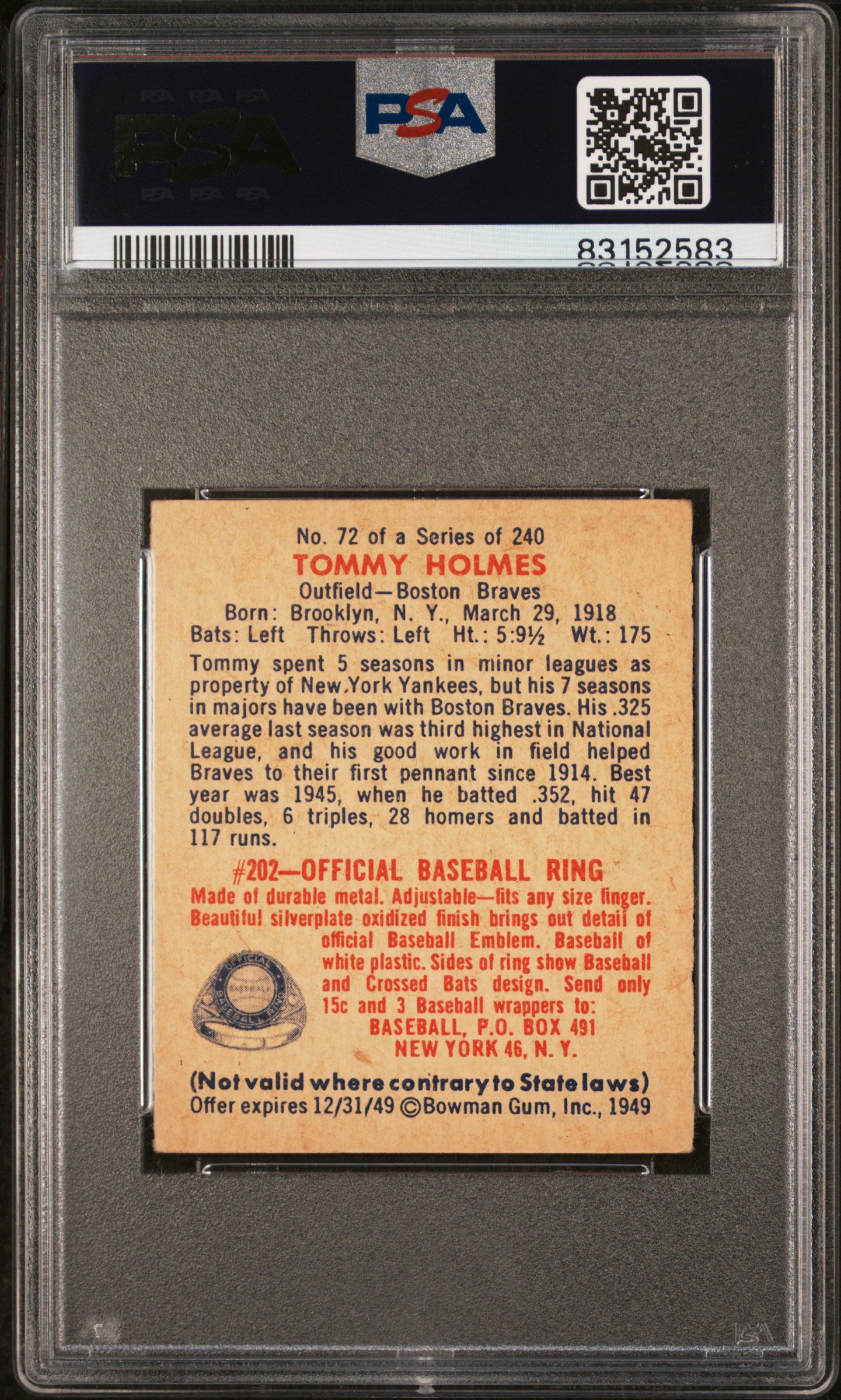 1949 Bowman Tommy Holmes #72 PSA 5.5