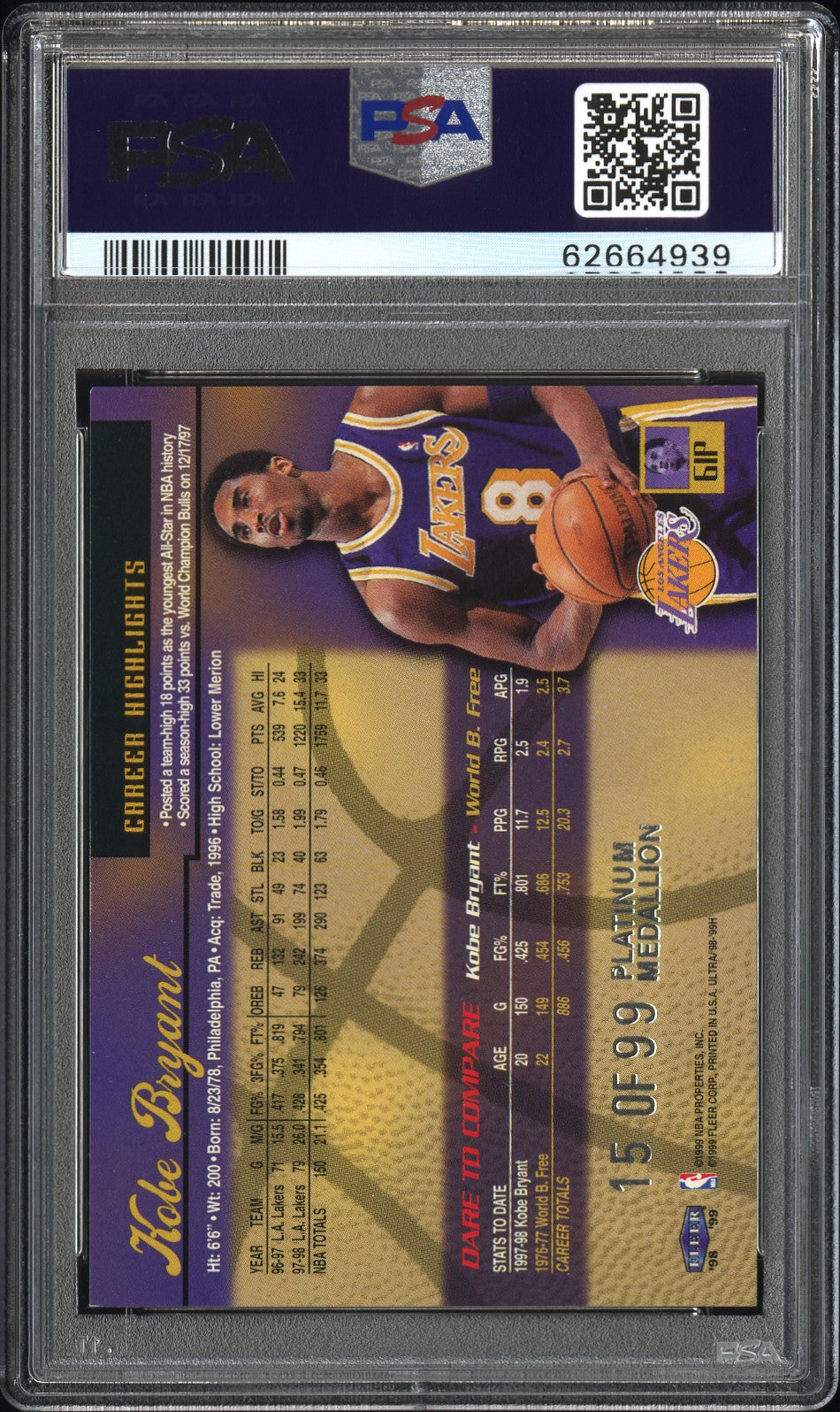1998 Ultra Kobe Bryant #61P Platinum Medallion PSA 8