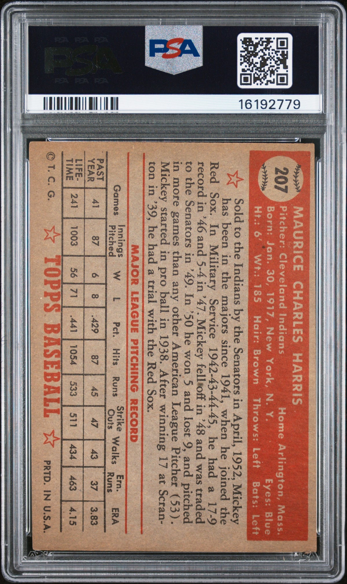 1952 Topps Mickey Harris #207 PSA 7