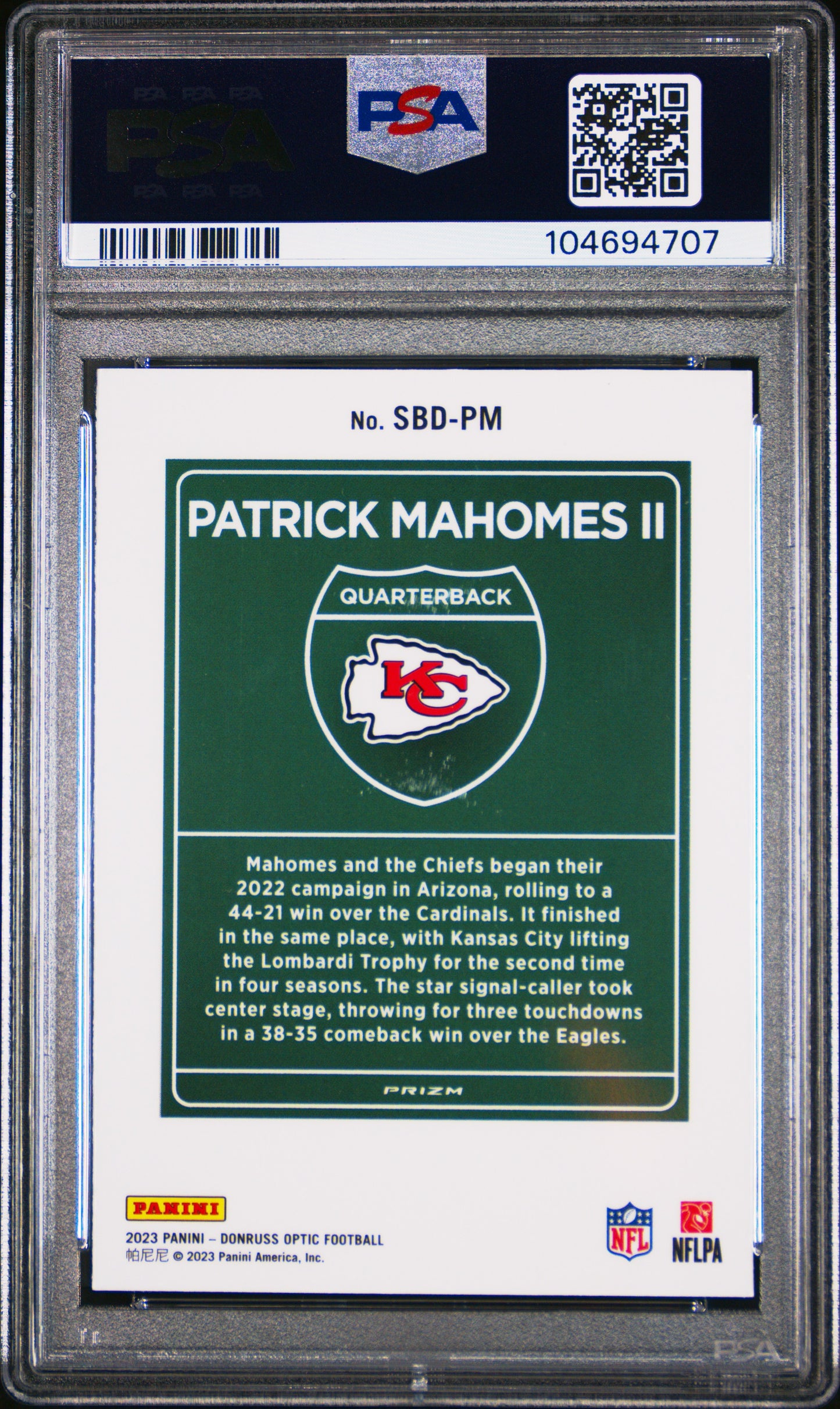 2023 Panini Donruss Optic Super Bowl Downtown Patrick Mahomes II #SBDPM PSA 10