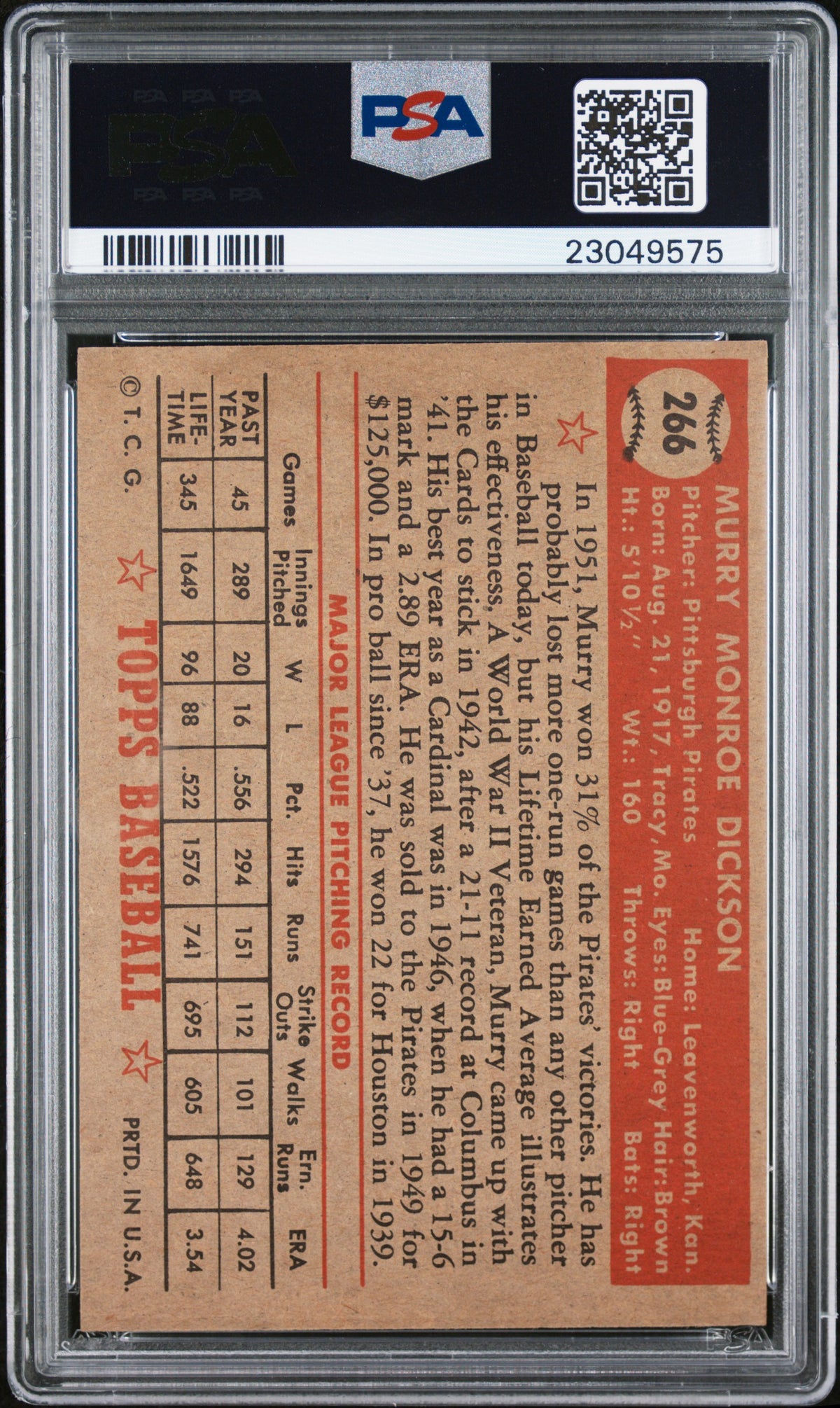 1952 Topps Murry Dickson #266 PSA 7