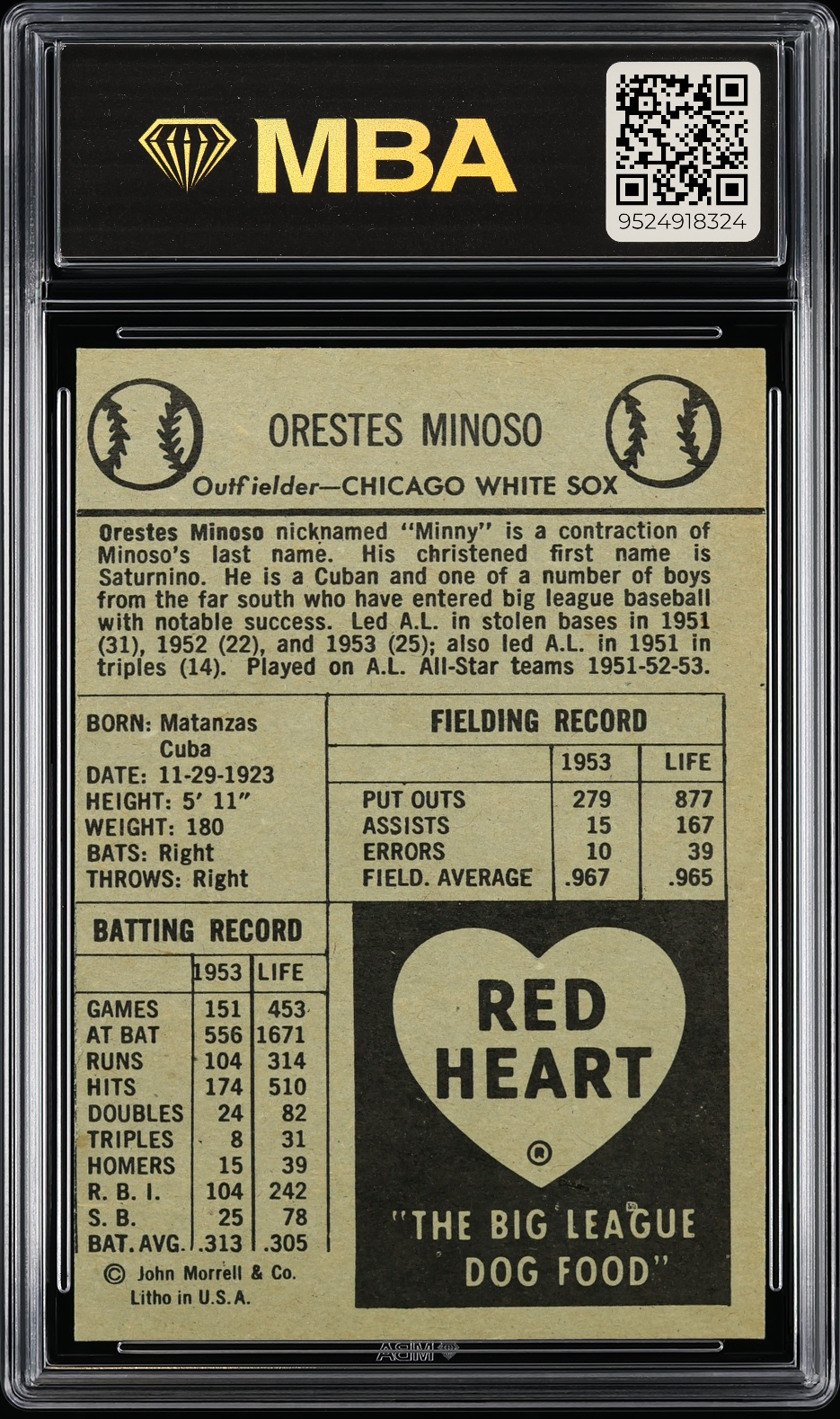 1954 Red Heart Dog Food Minnie Minoso #22 MBA 6