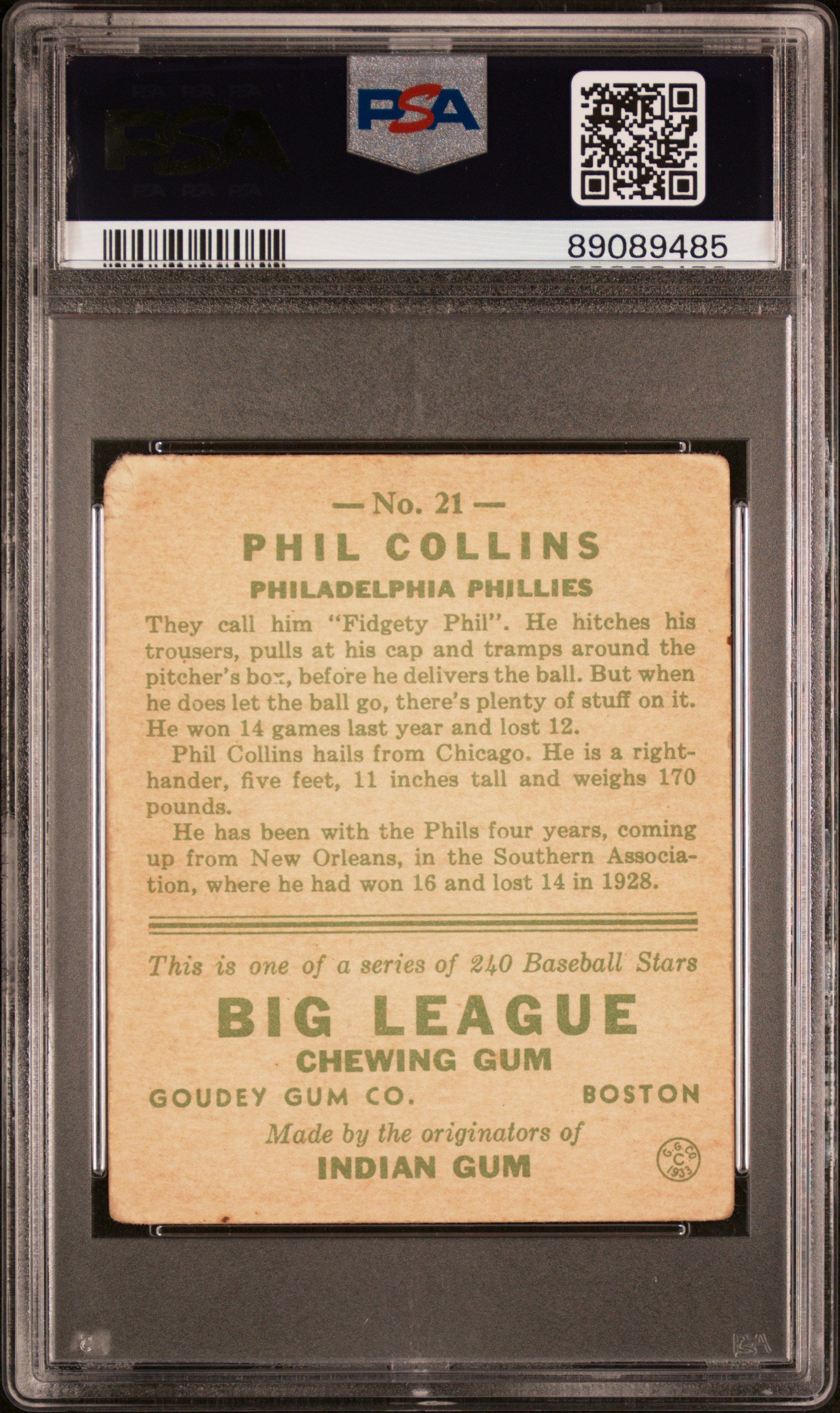 1933 Goudey Phil Collins #21 PSA 2