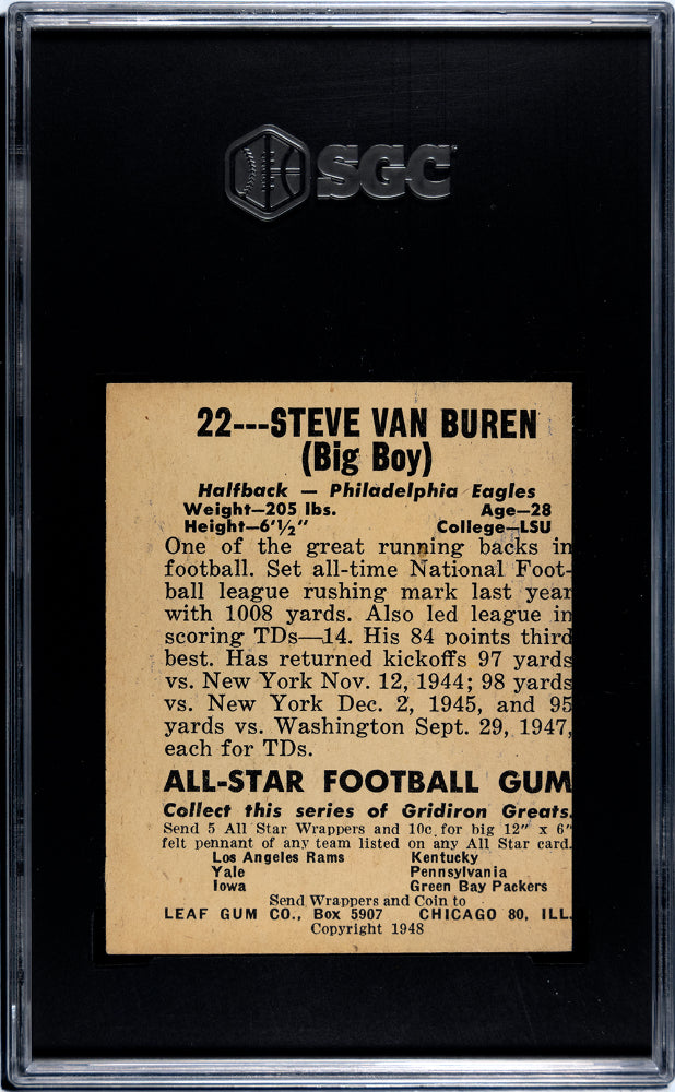 1948 Leaf Gum Co. Steve Van Buren #22 SGC 2