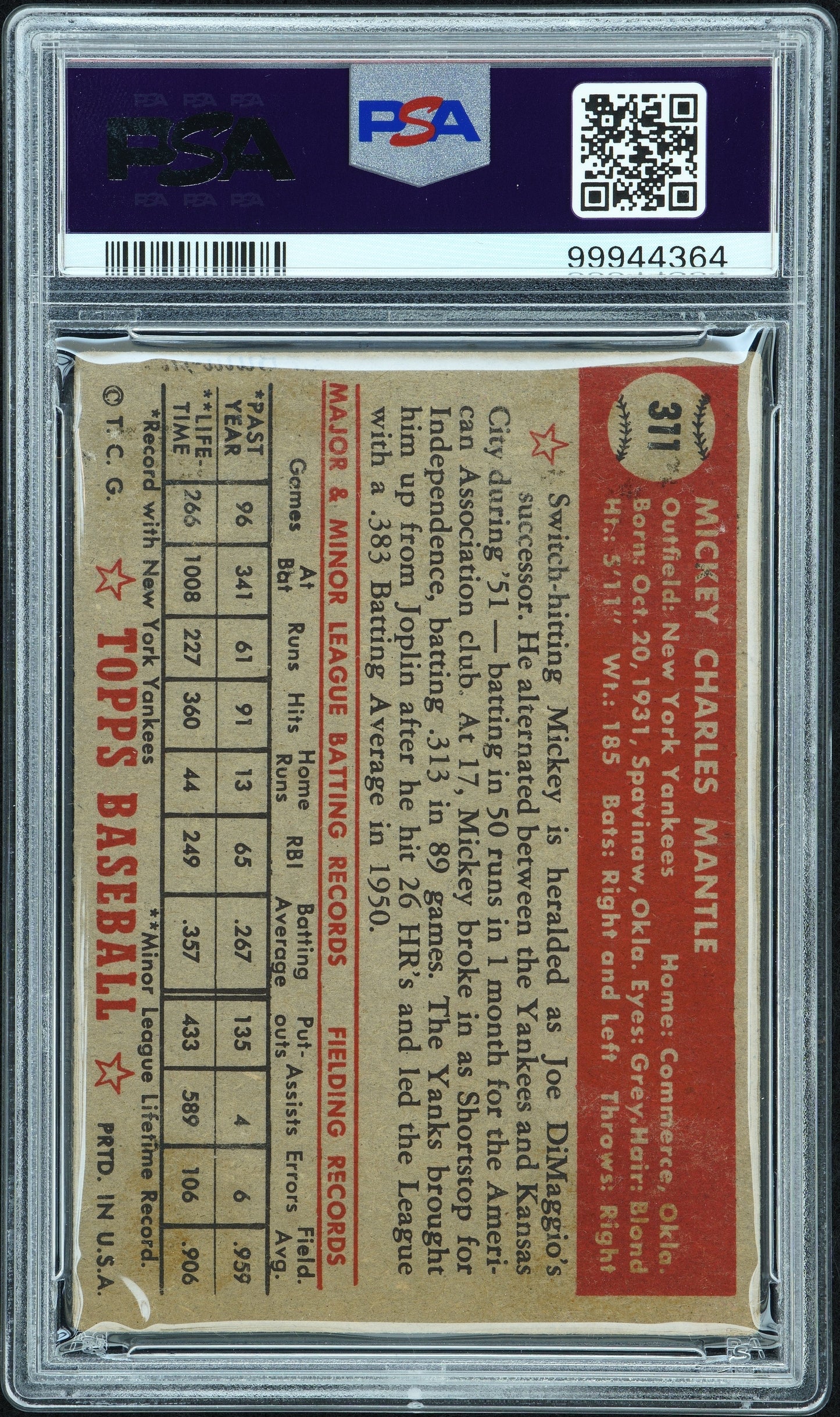 1952 Topps Mickey Mantle #311 MK PSA 1
