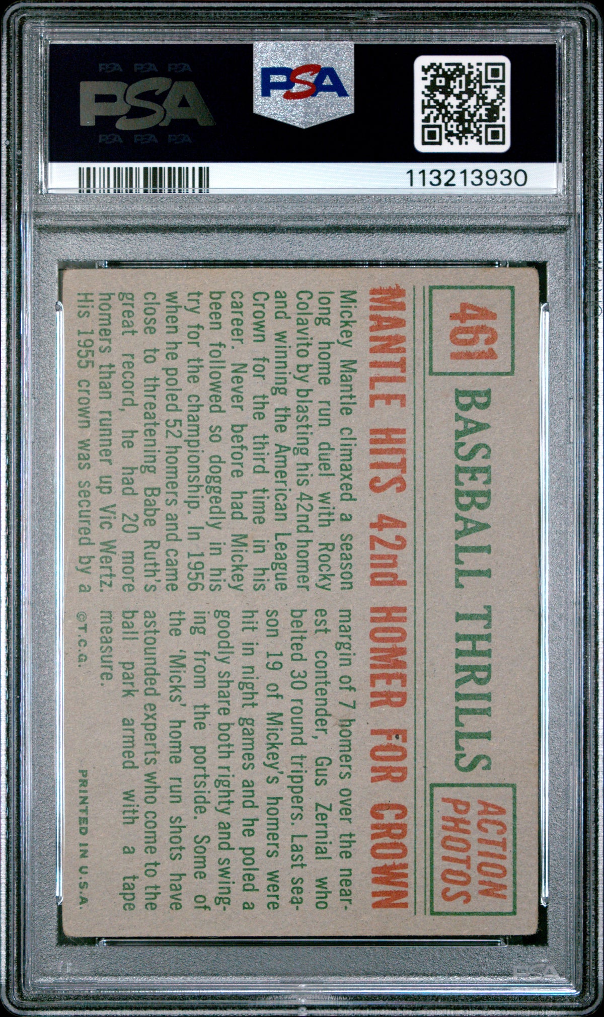 1959 Topps Mantle Hits 42nd #461 Homer For Crown PSA 3