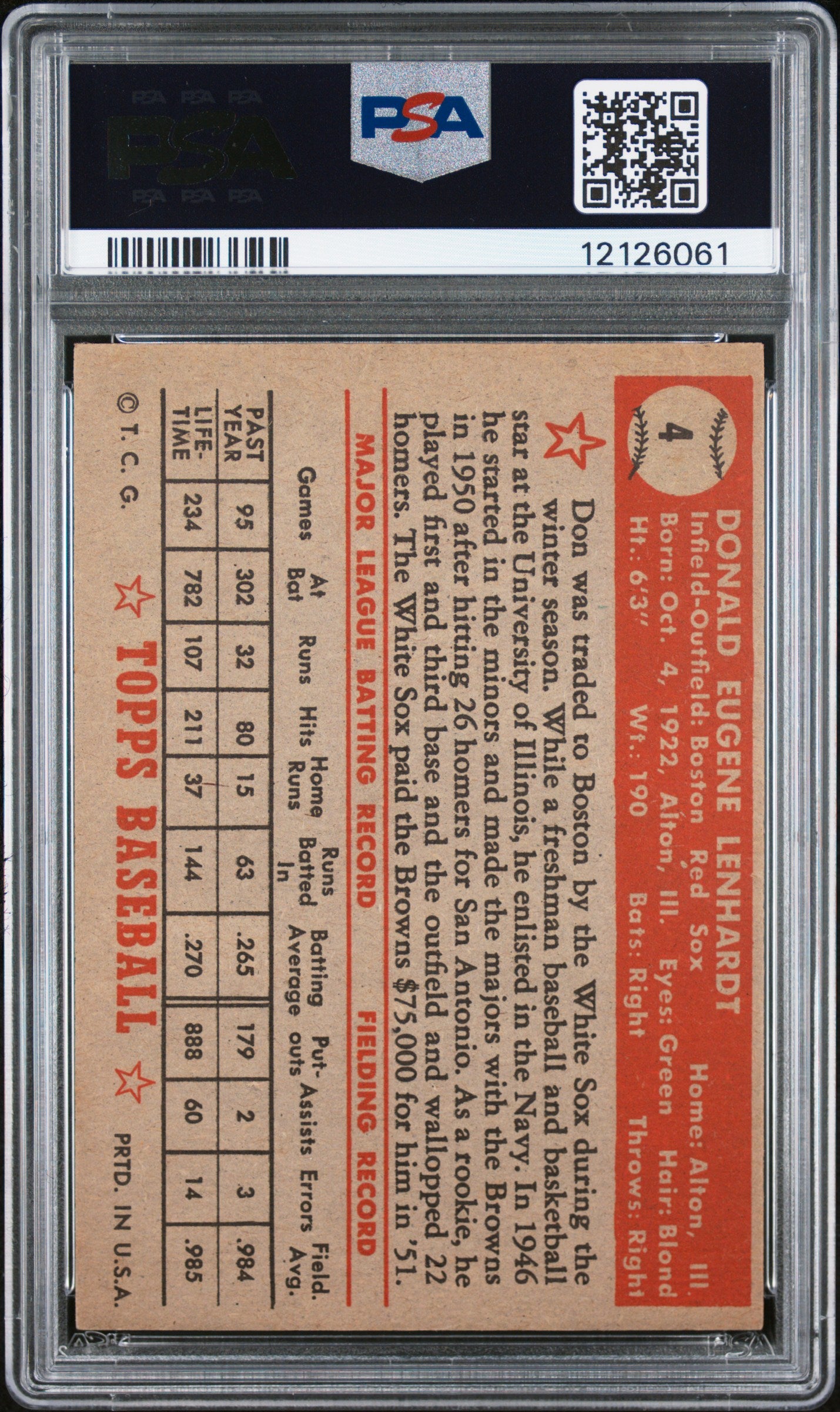 1952 Topps Don Lenhardt #4 PSA 7