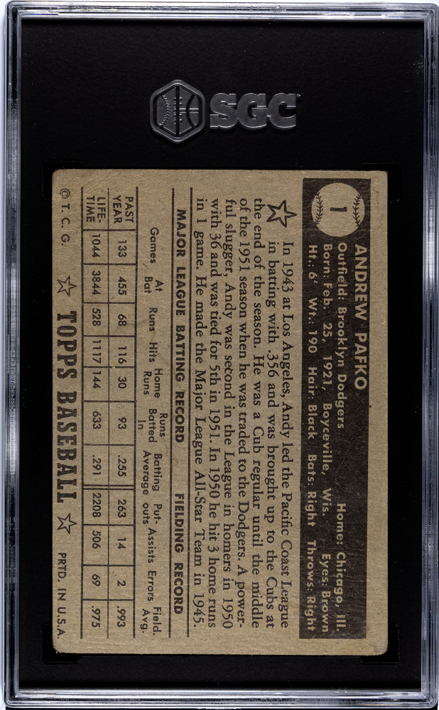 1952 Topps Andy Pafko #1 Black Back SGC 2