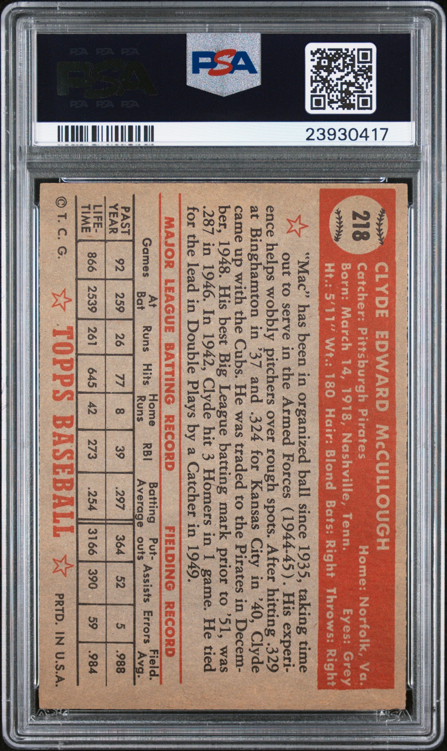 1952 Topps Clyde Mccullough #218 PSA 7