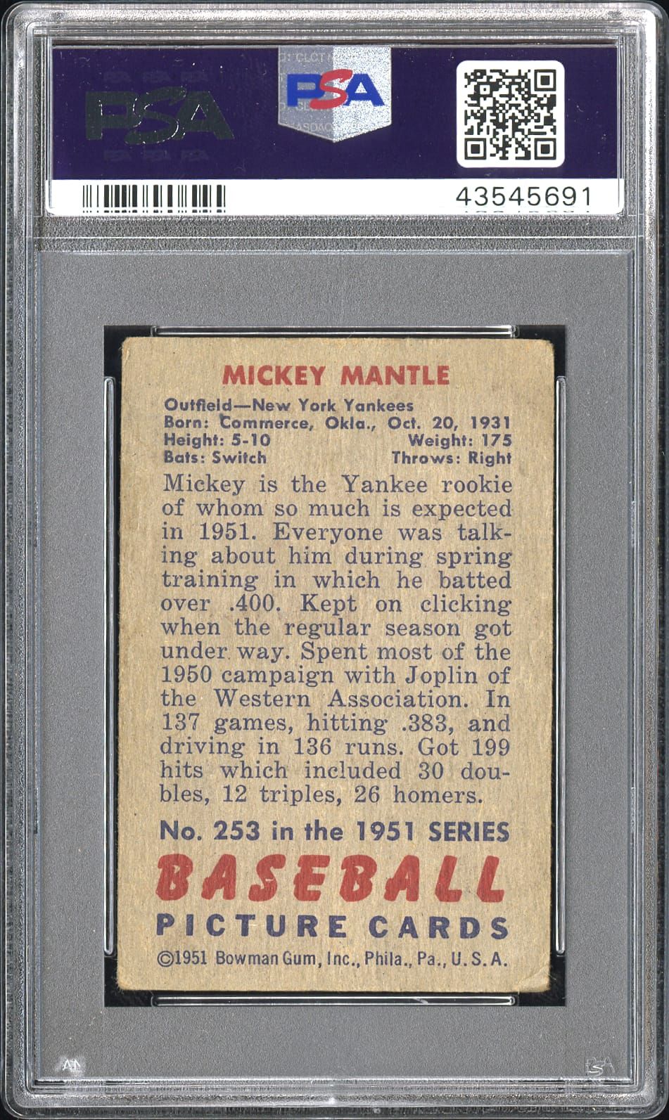 1951 Bowman Mickey Mantle #253 PSA 2