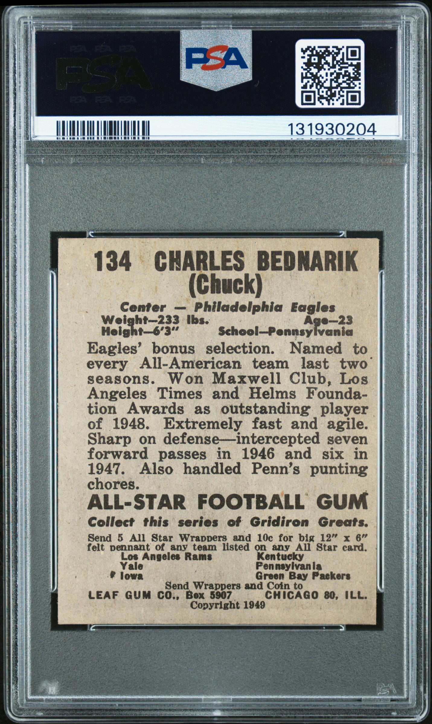1949 Leaf Charles Bednarik #134 PSA 4