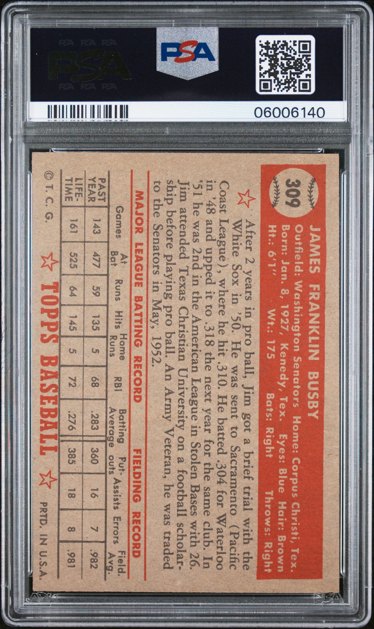 1952 Topps Jim Busby #309 PSA 7