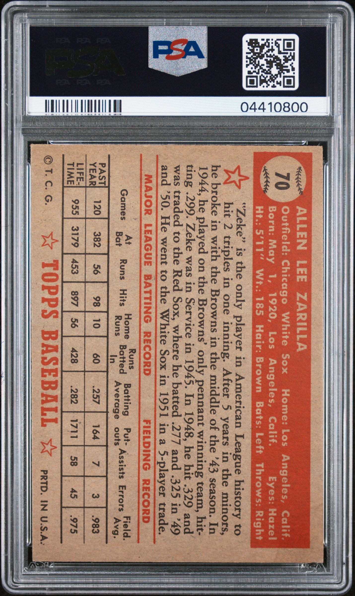 1952 Topps Al Zarilla #70 PSA 7
