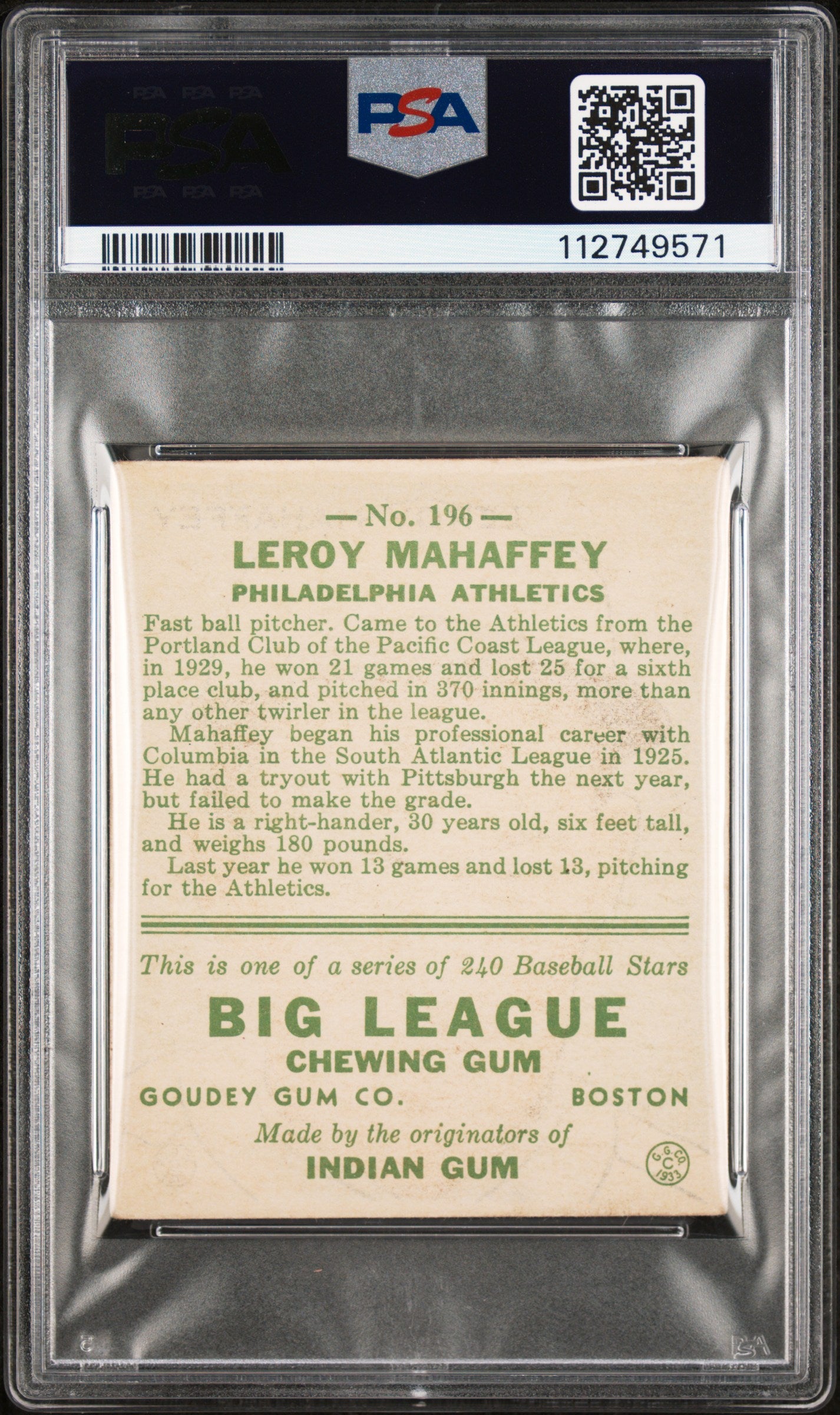 1933 Goudey Leroy Mahaffey #196 PSA 3