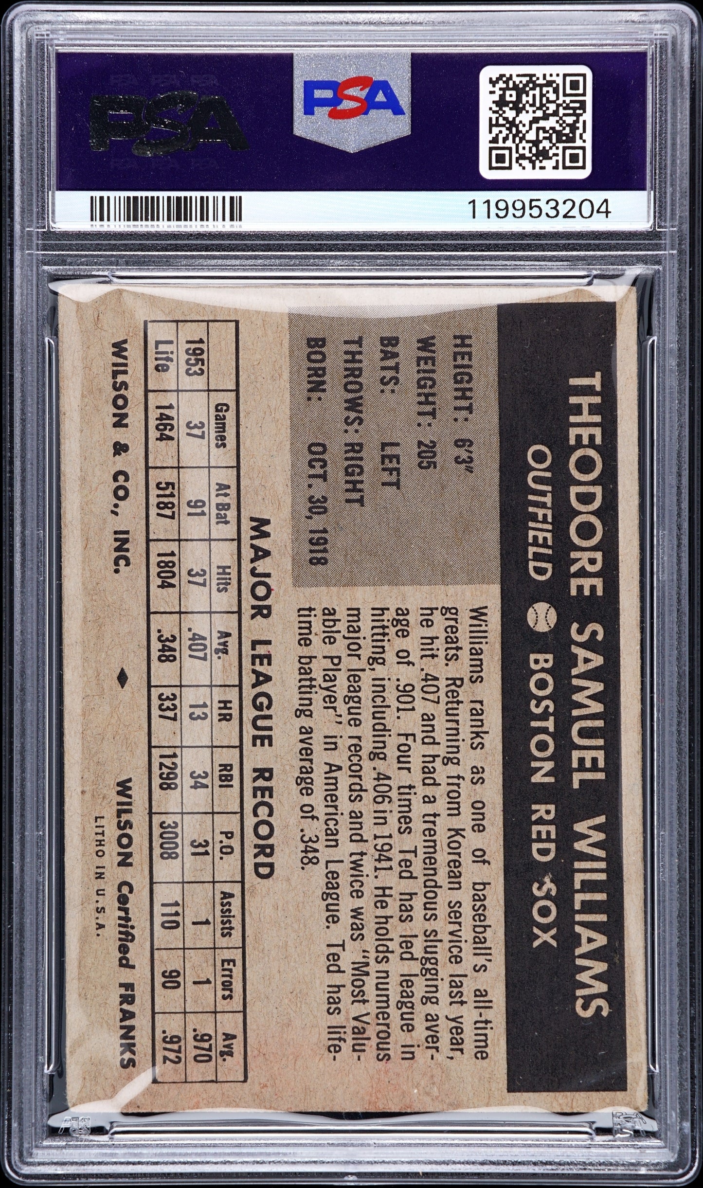1954 Wilson Franks Ted Williams PSA 3