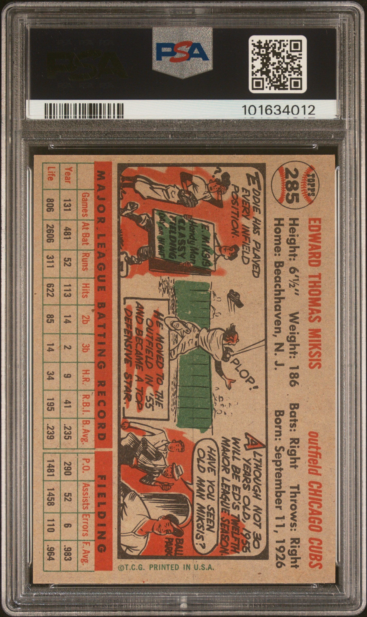 1956 Topps Eddie Miksis #285 PSA 8