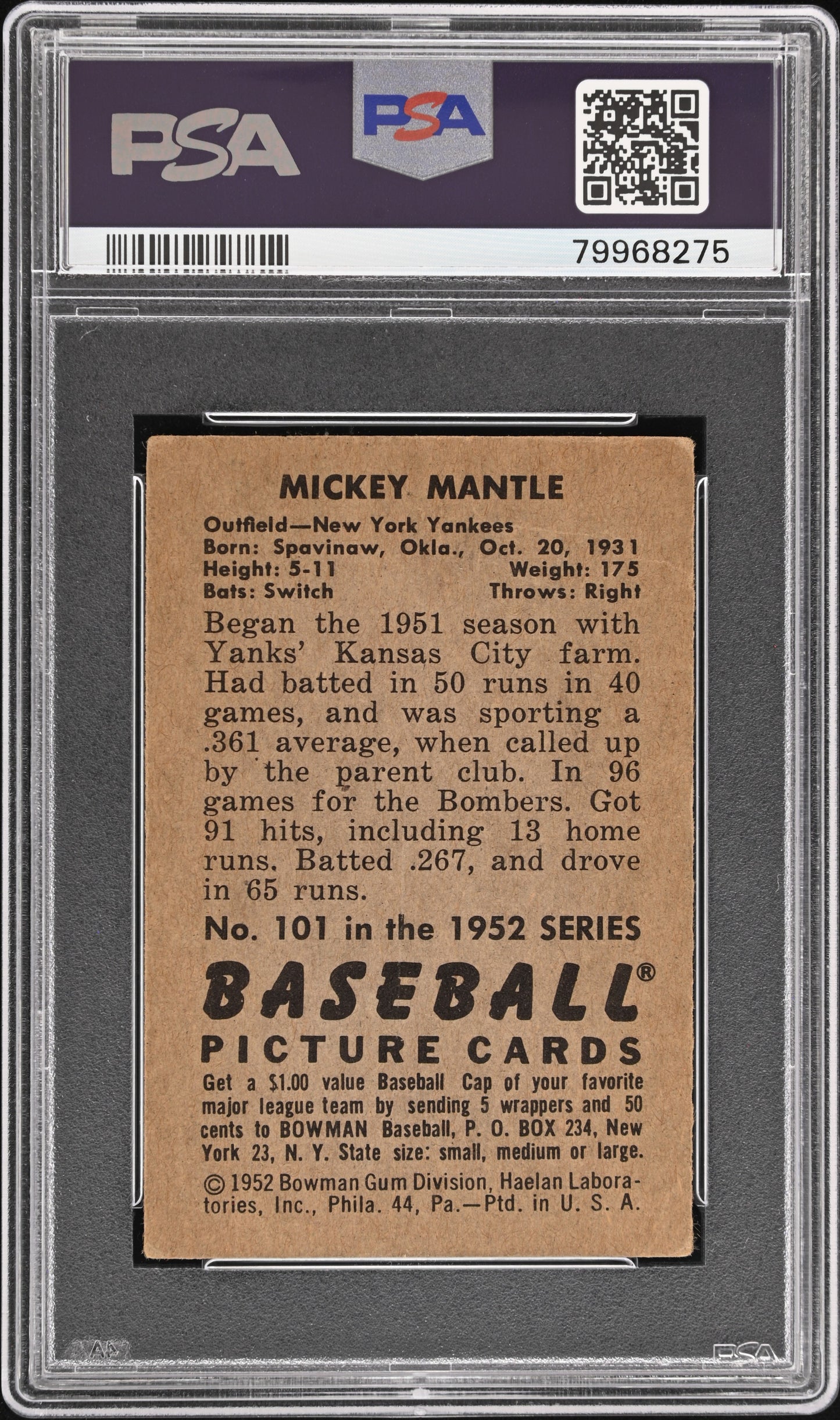 1952 Bowman Mickey Mantle #101 PSA 3.5