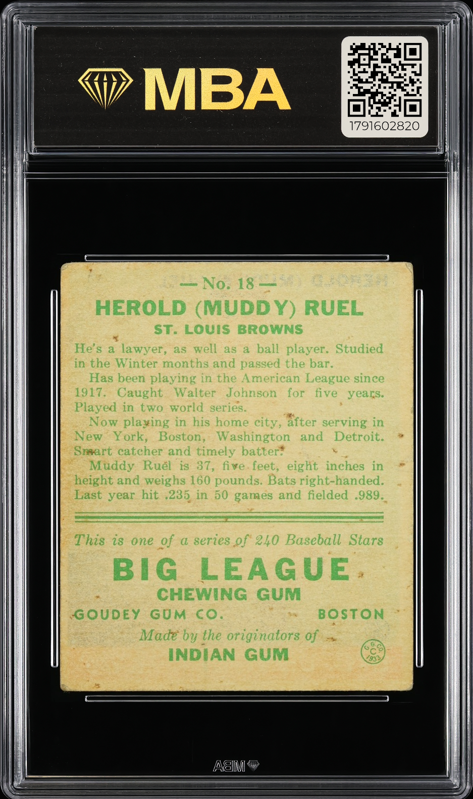 1933 Goudey Herold (Muddy) Ruel #18 MBA 3