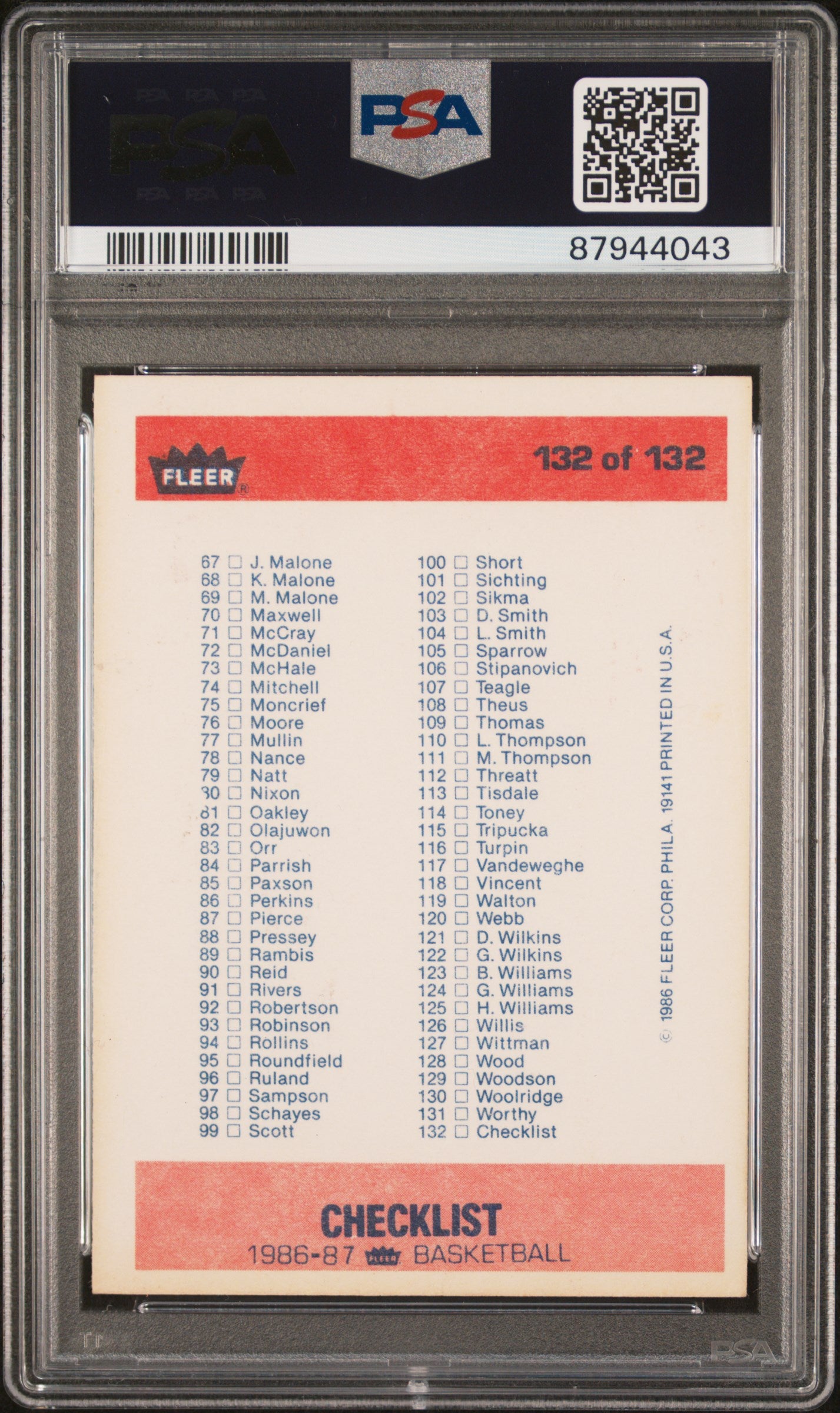 1986 Fleer Checklist 1-132 #132 PSA 5 Auto 10