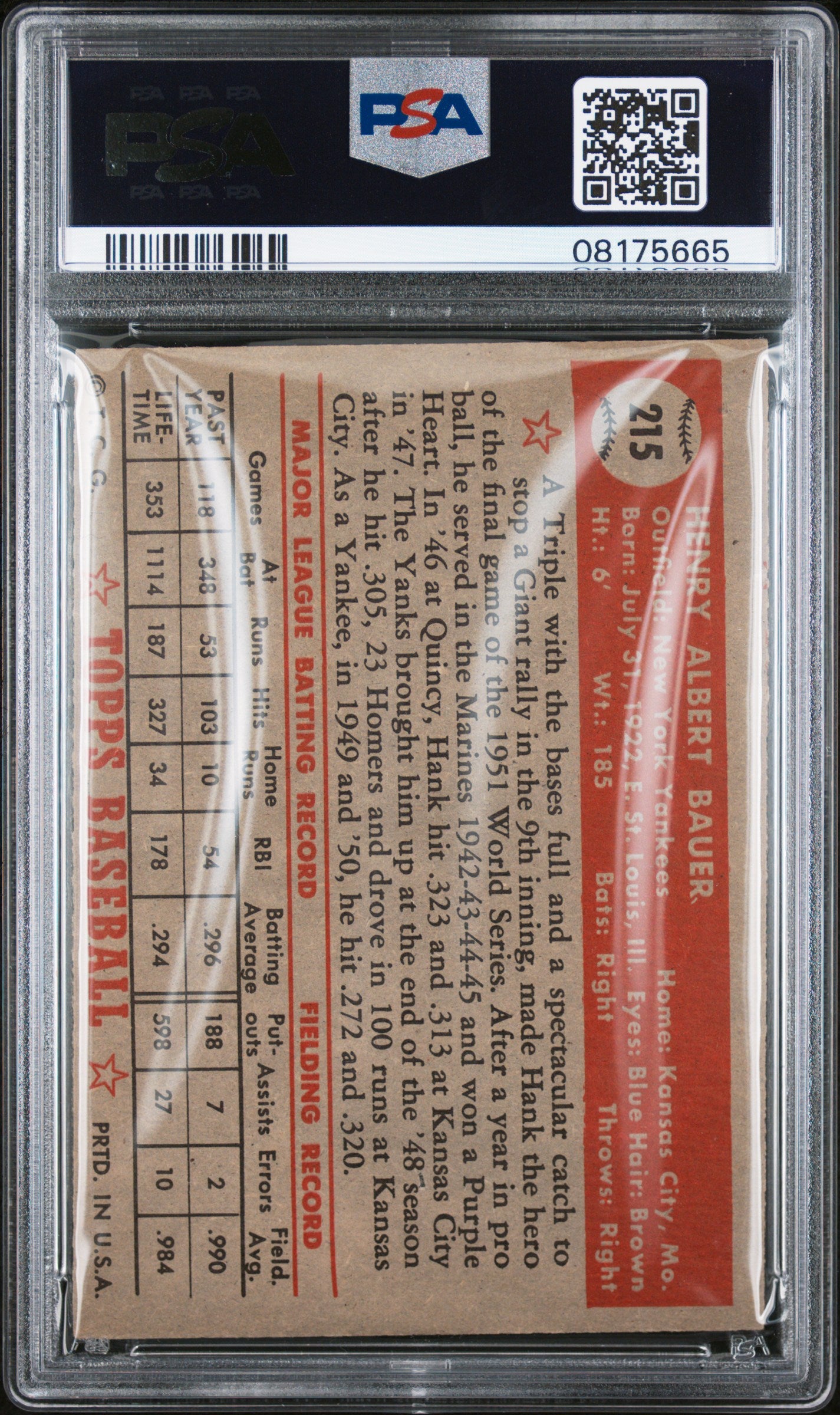 1952 Topps Hank Bauer #215 PSA 7