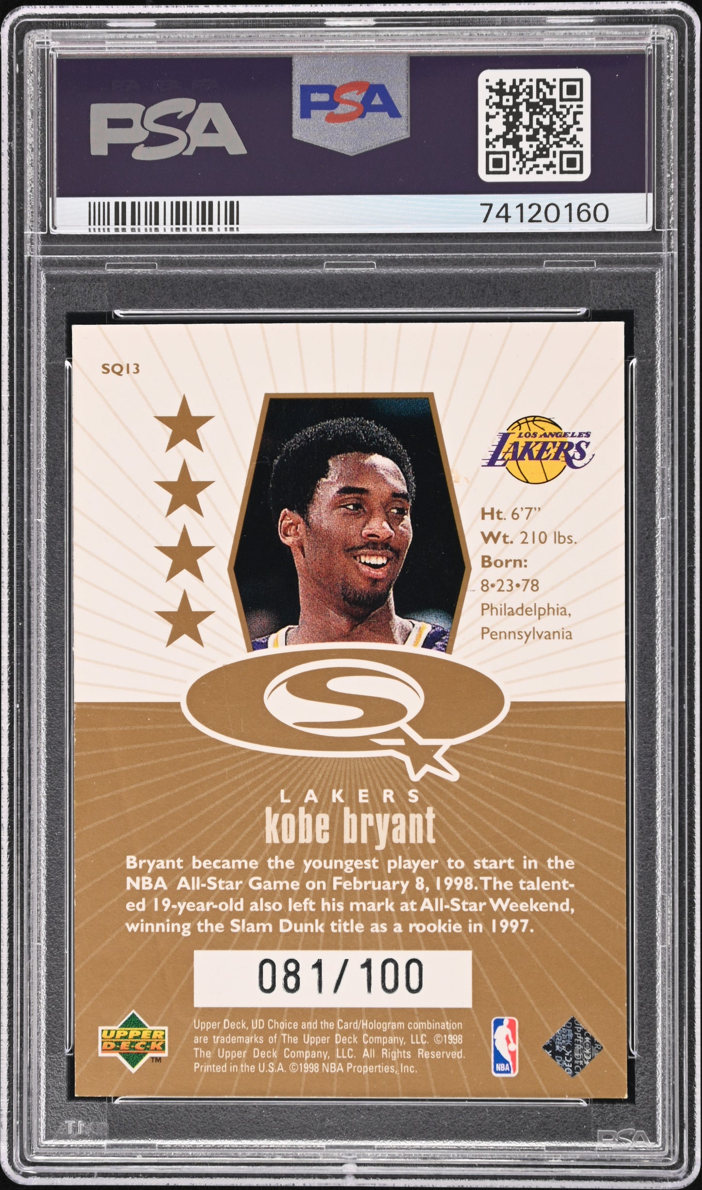 1998 UD Choice Starquest Kobe Bryant #SQ13 Gold PSA 7 81/100 Career High Points
