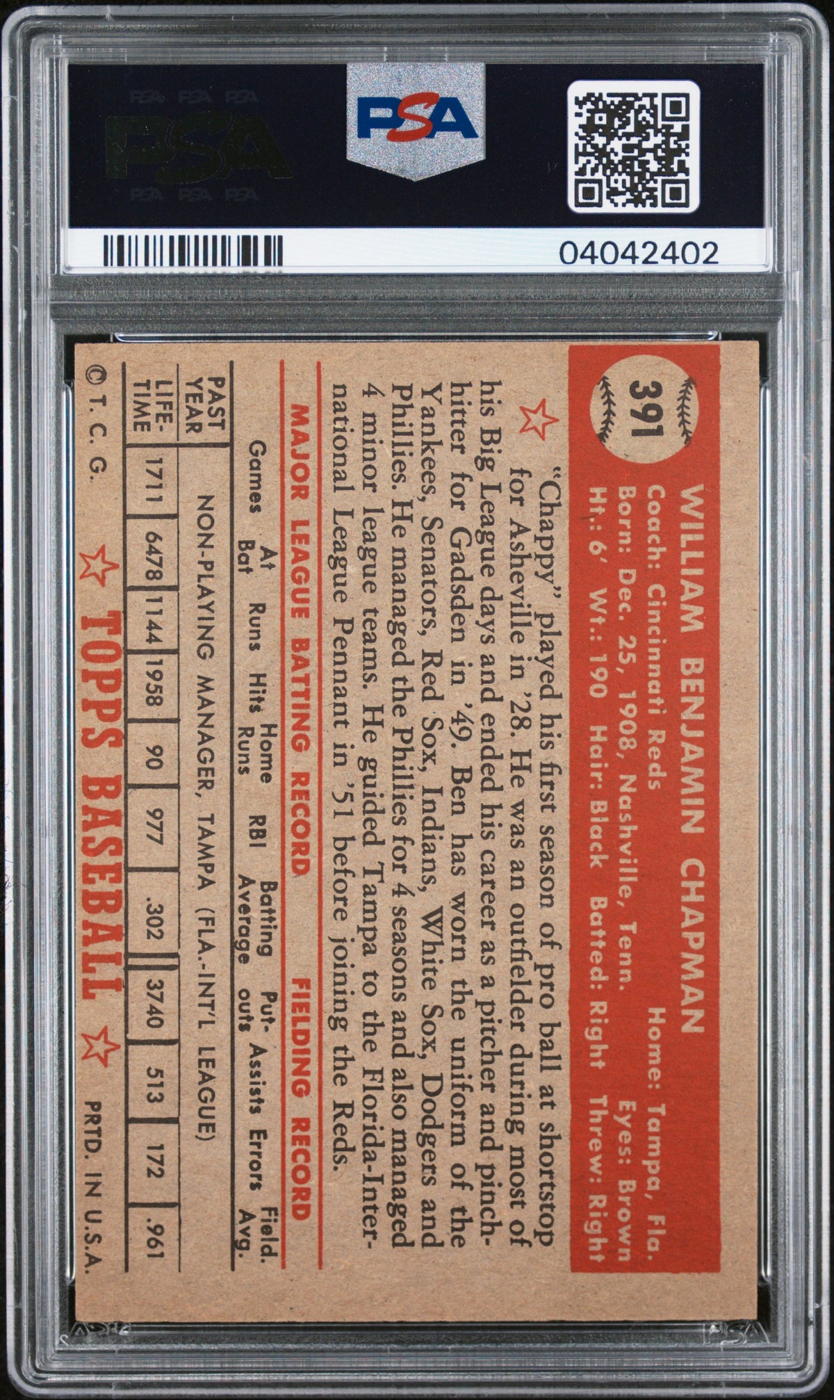 1952 Topps Ben Chapman #391 PSA 7