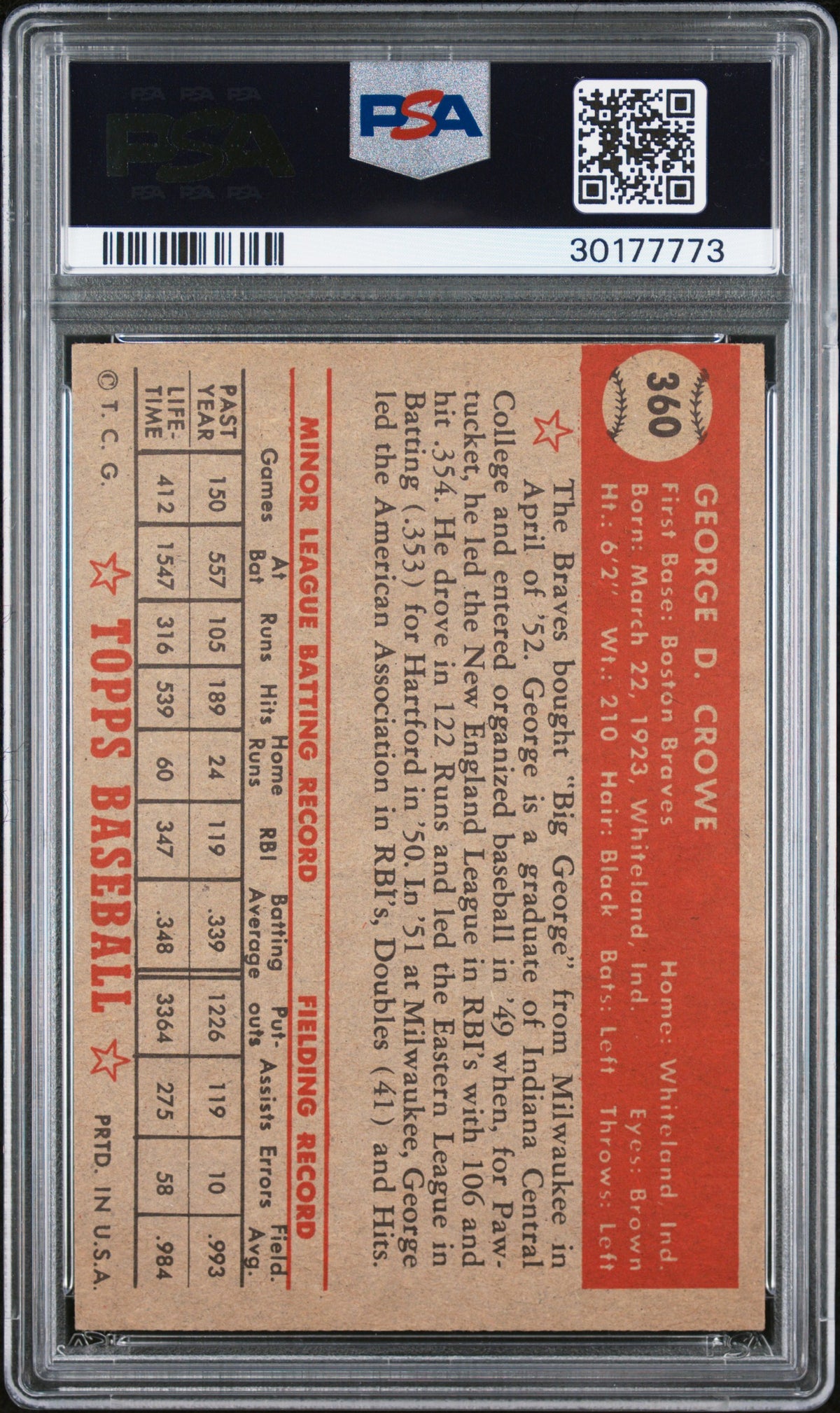 1952 Topps George Crowe #360 PSA 7 Oc
