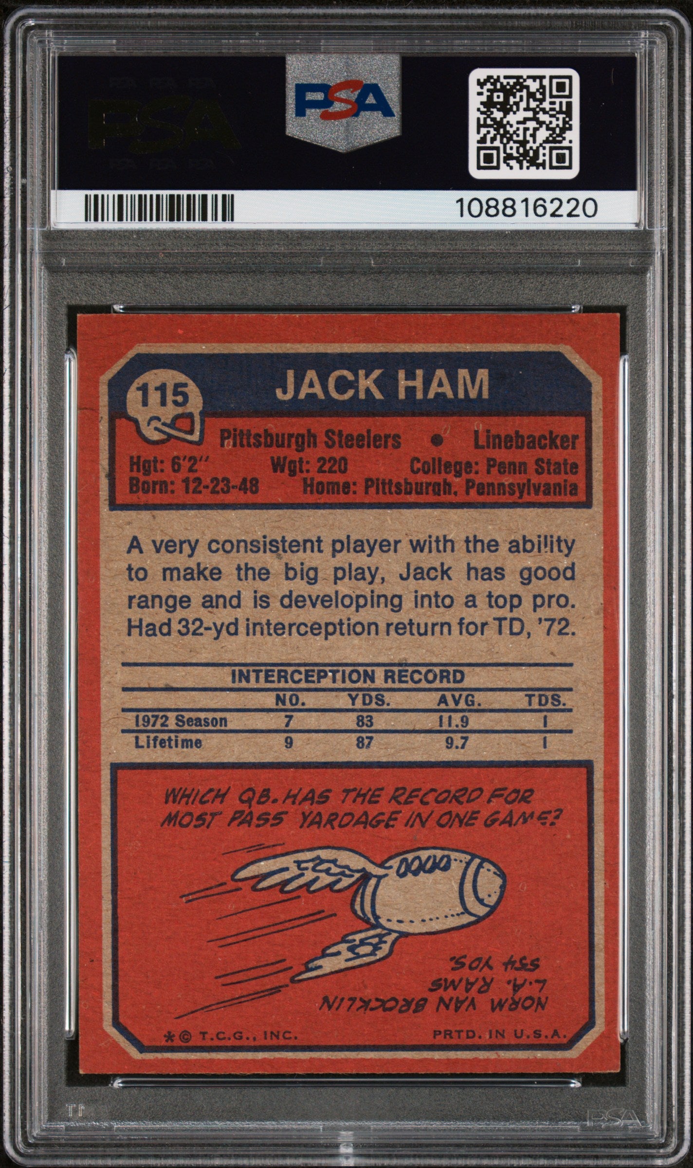 1973 Topps Jack Ham #115 PSA 6 Auto 10