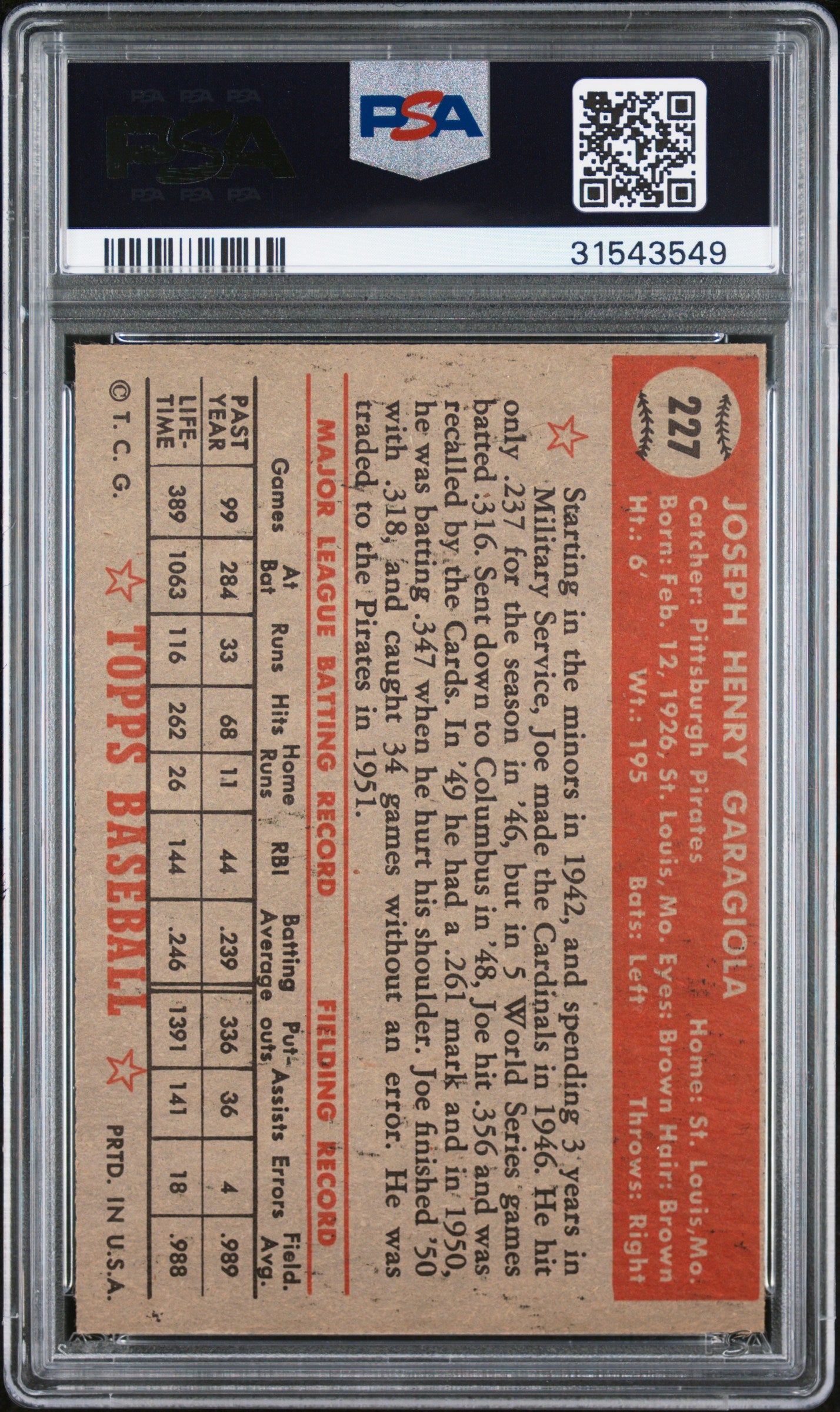 1952 Topps Joe Garagiola #227 PSA 7