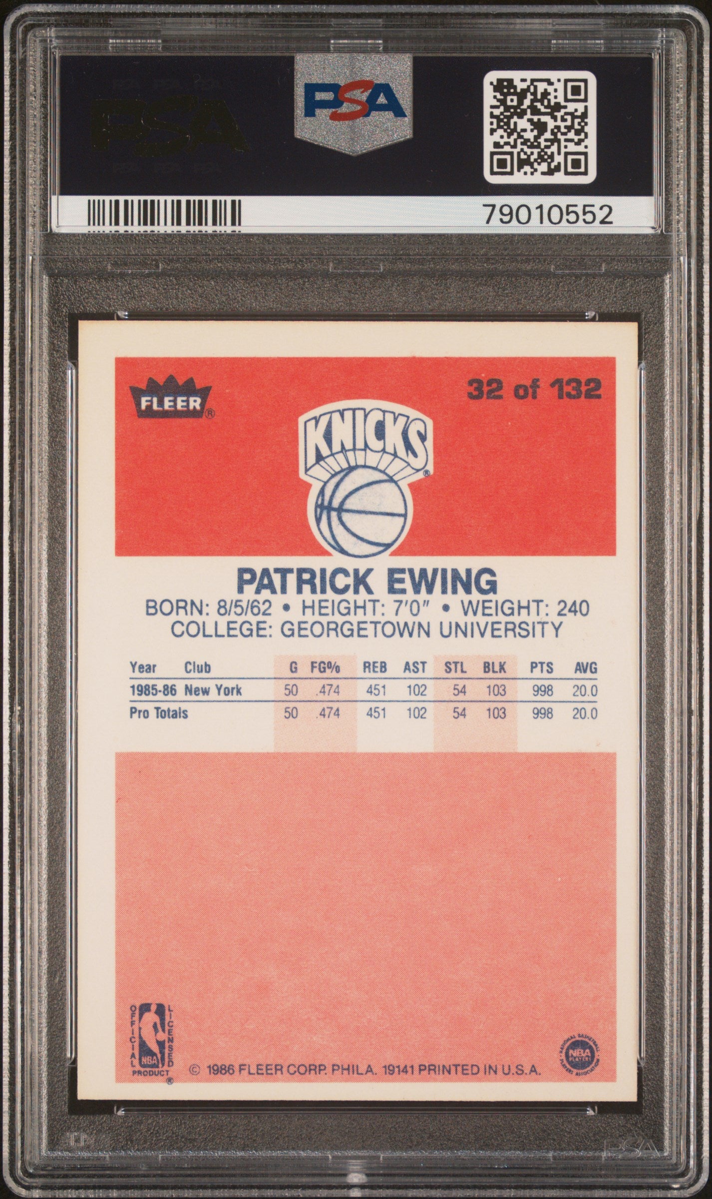 1986 Fleer Patrick Ewing #32 PSA 8