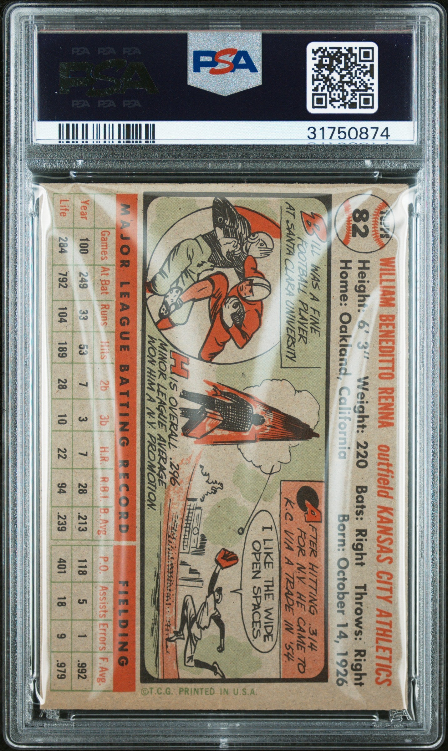 1956 Topps Bill Renna #82 Gray Back PSA 7