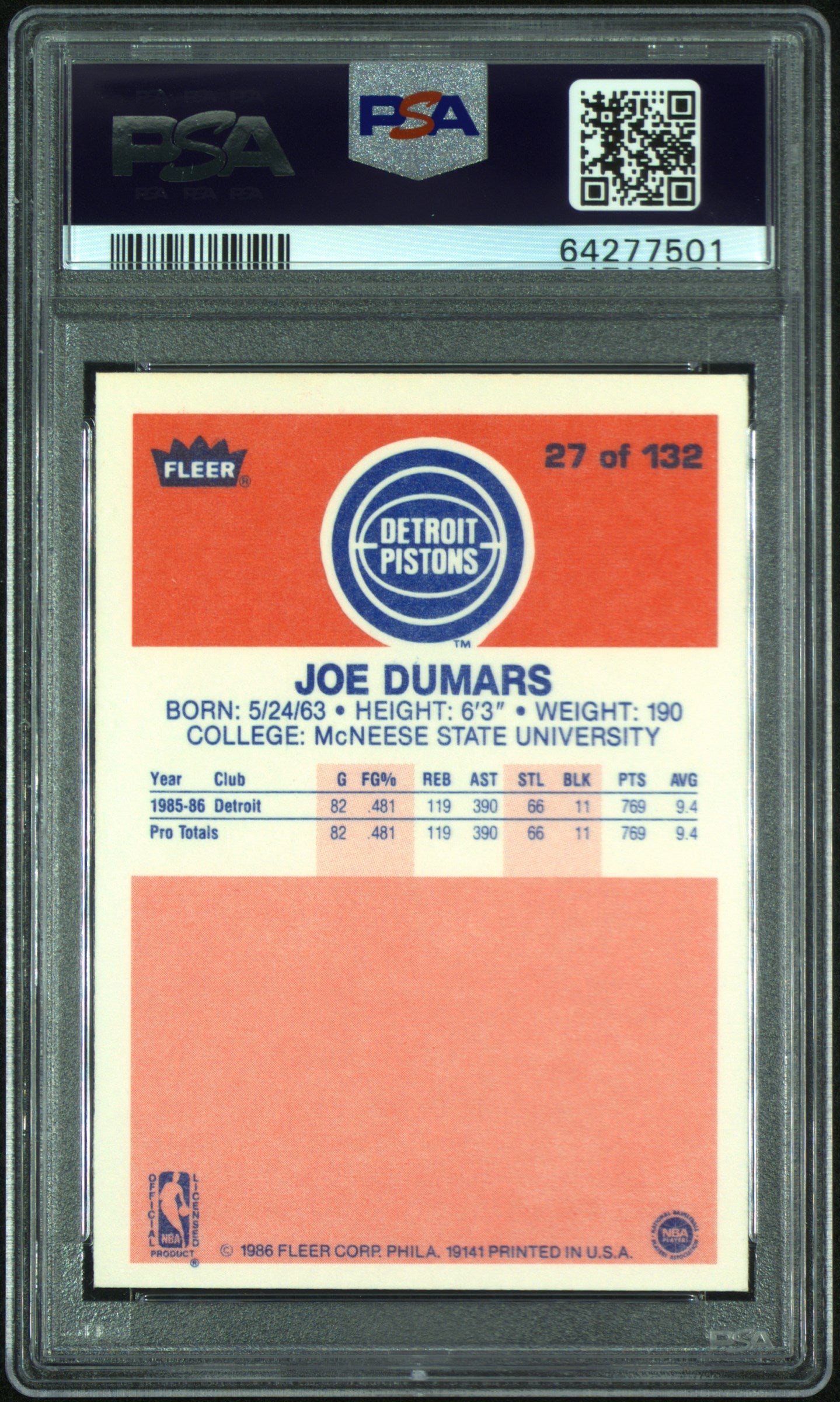 1986 Fleer Joe Dumars #27 PSA 8