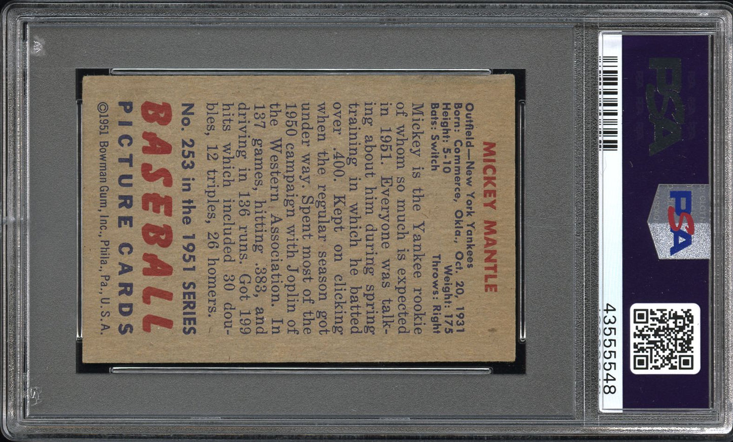 1951 Bowman Mickey Mantle #253 PSA 5