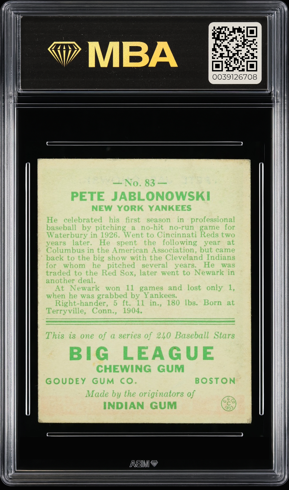 1933 Goudey Pete Jablonowski #83 MBA 3