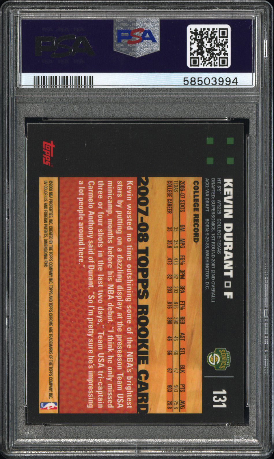 2007 Topps Chrome Kevin Durant #131 PSA 9