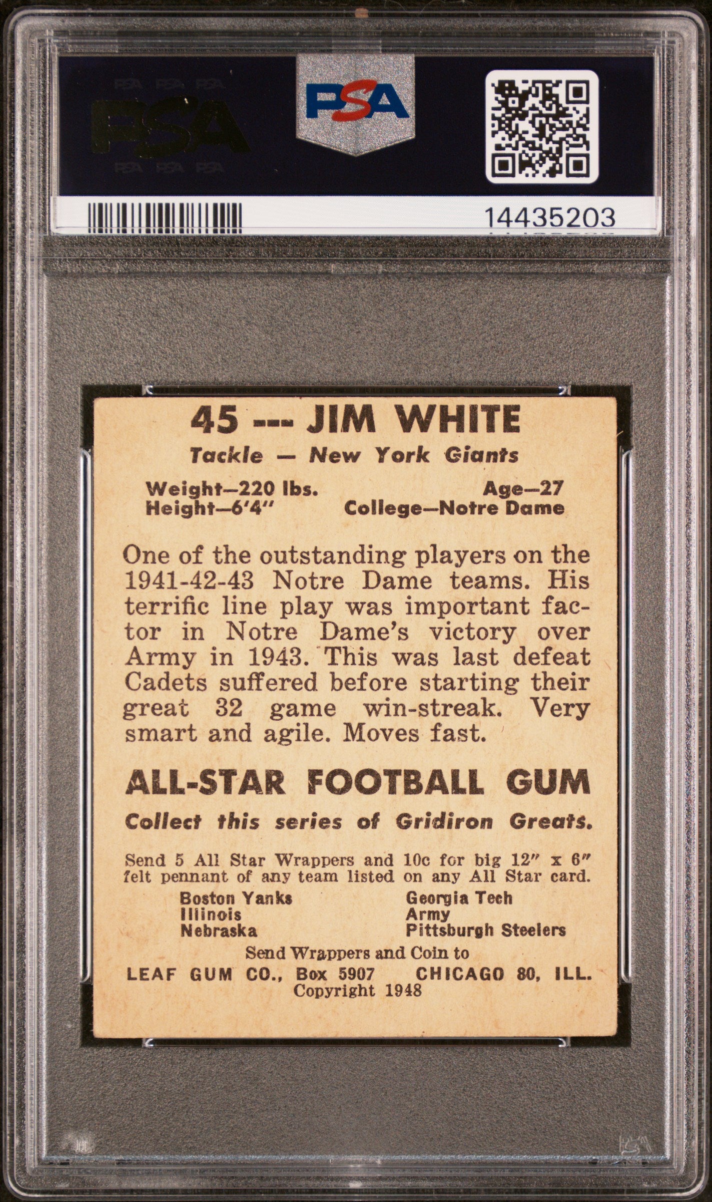1948 Leaf Jim White #45 Blue Background PSA 4