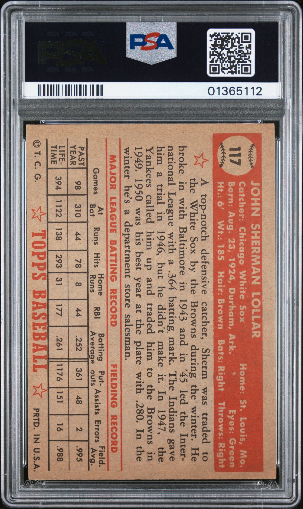 1952 Topps Sherman Lollar #117 PSA 8