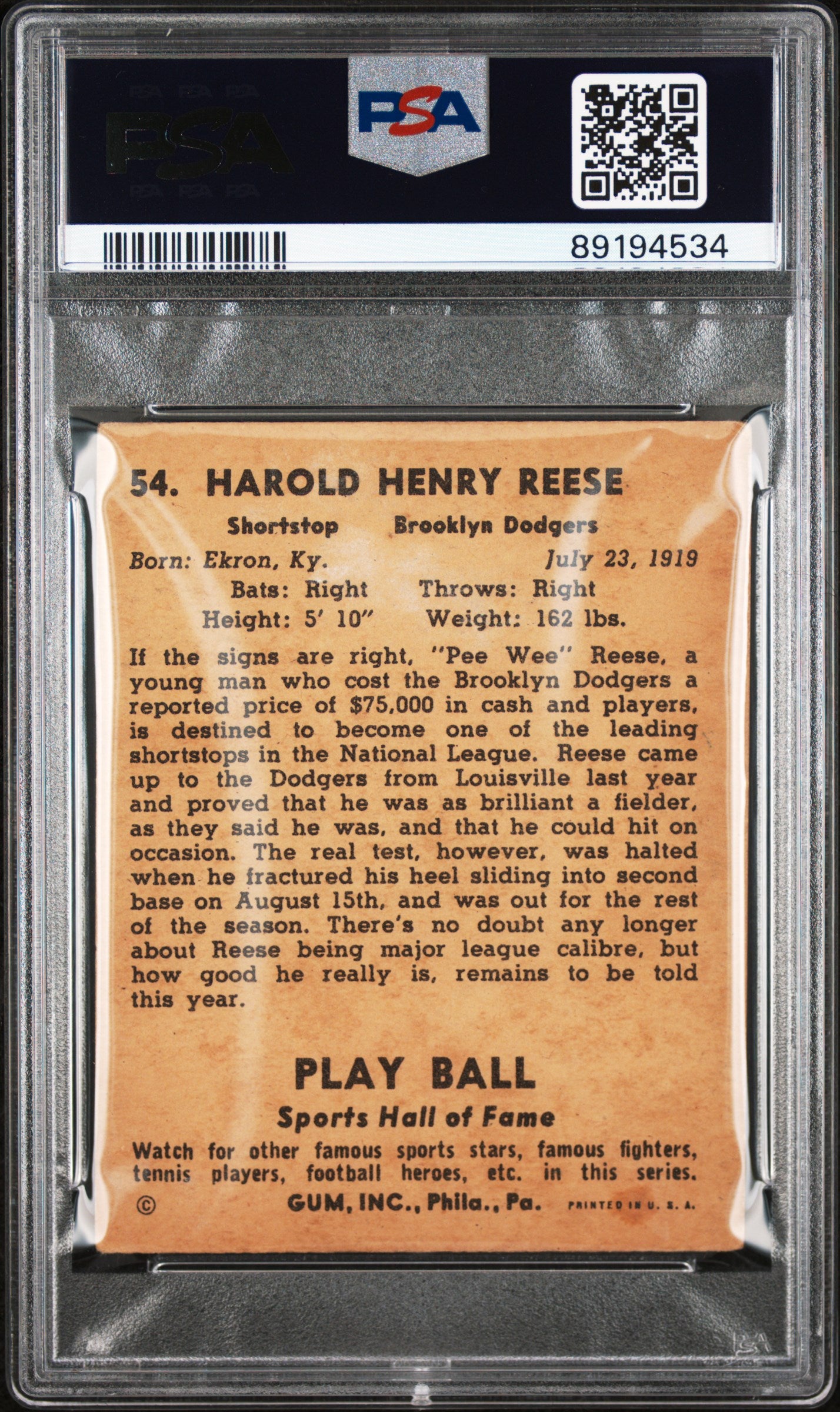1941 Play Ball Pee Wee Reese #54 PSA A Auto 9