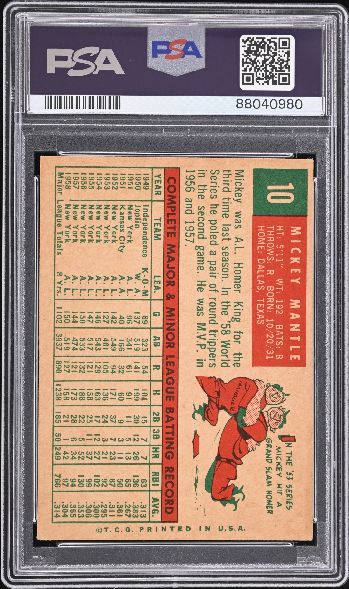 1959 Topps Mickey Mantle #10 PSA 5 Auto 10