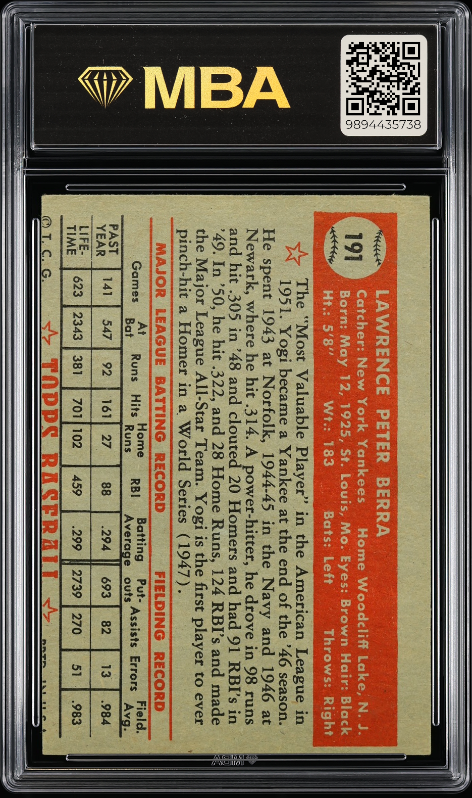 1952 Topps Yogi Berra #191 MBA 2