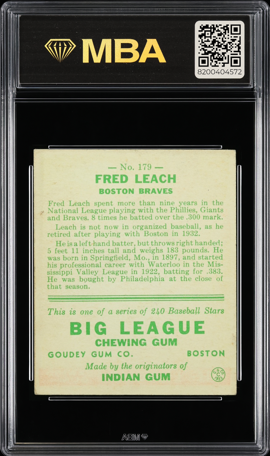 1933 Goudey Fred Leach #179 MBA 4
